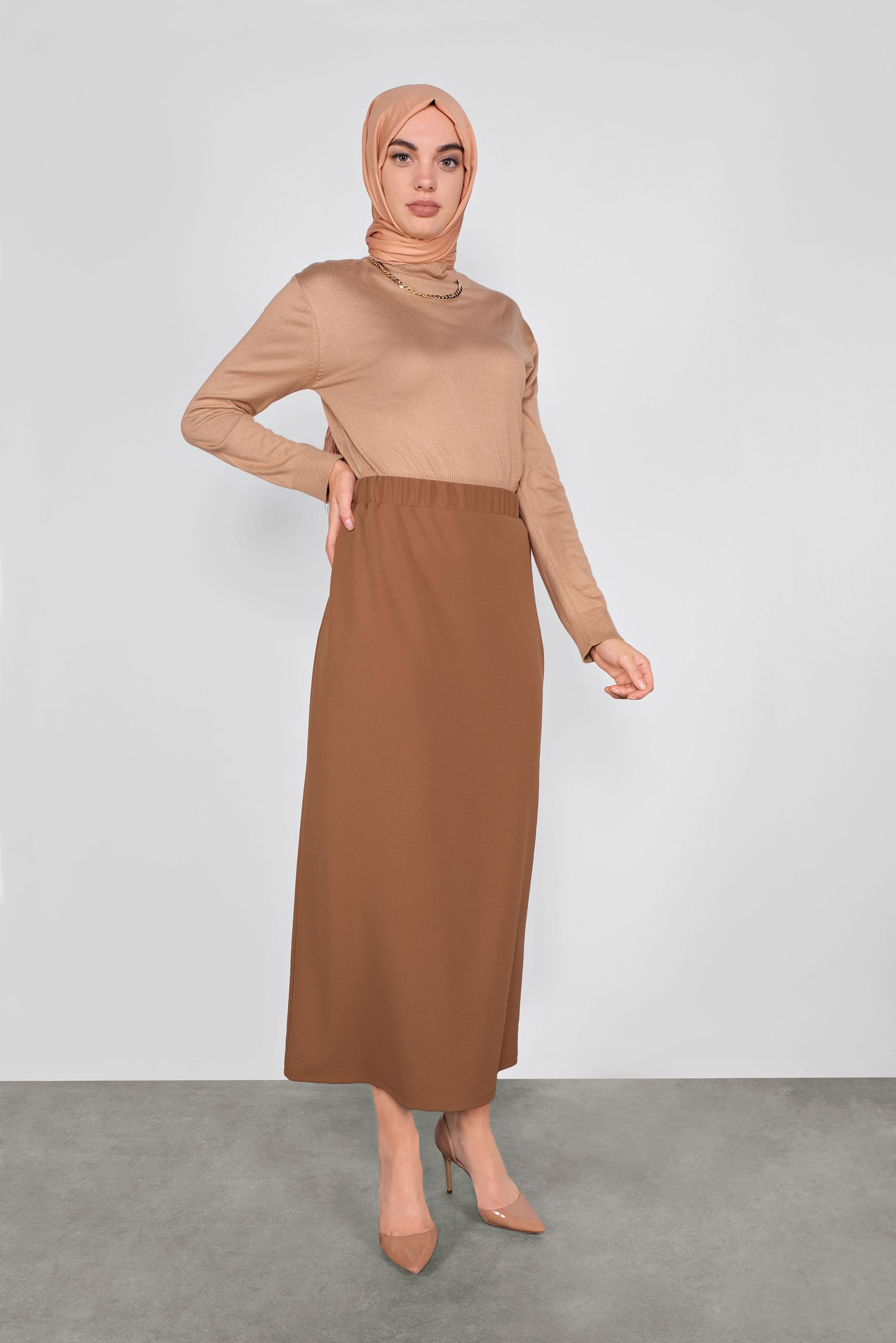 Tesettür giyim KAHVE BELİ LASTİKLİ KALEM ETEK 60130 