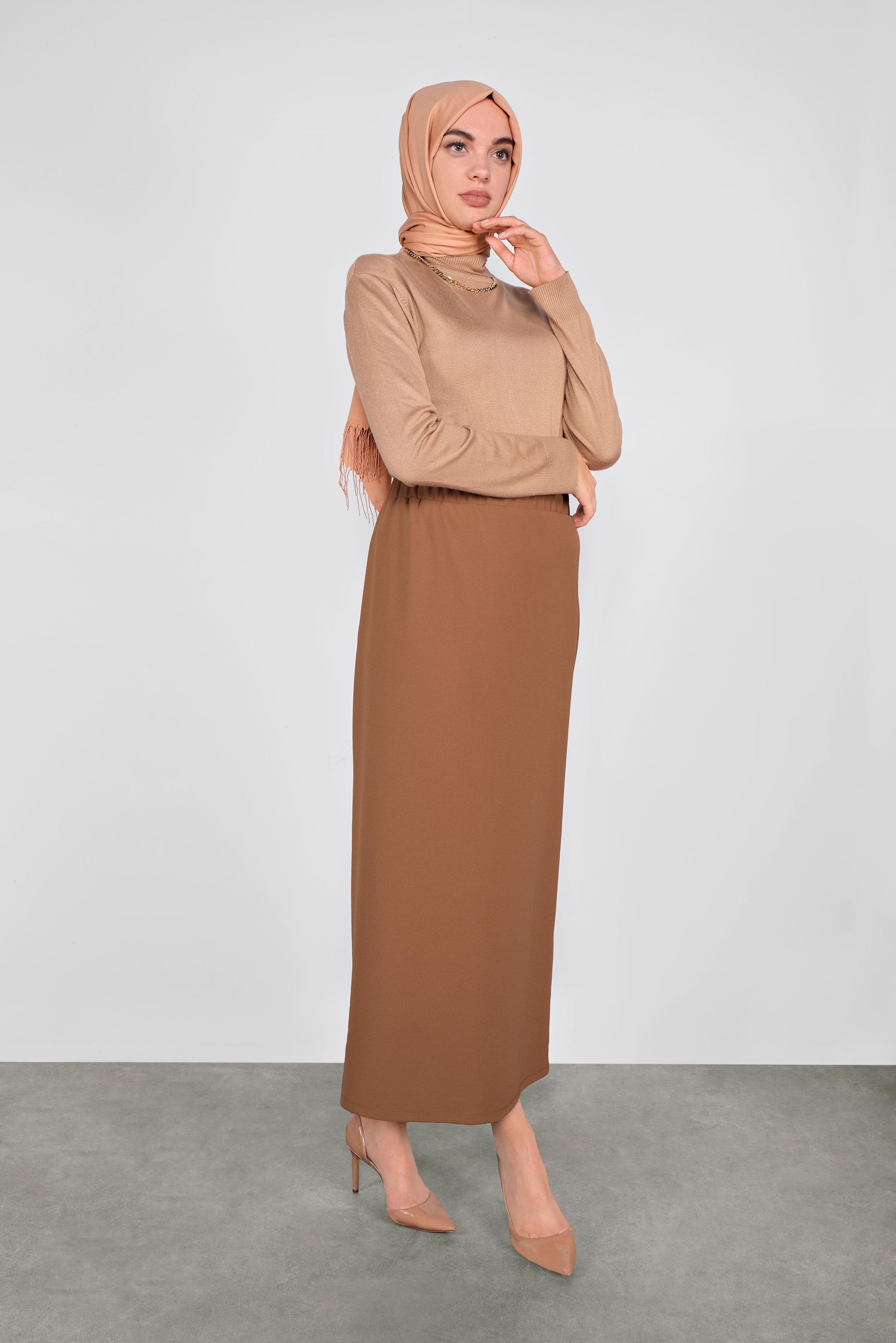 Tesettür giyim KAHVE BELİ LASTİKLİ KALEM ETEK 60130 