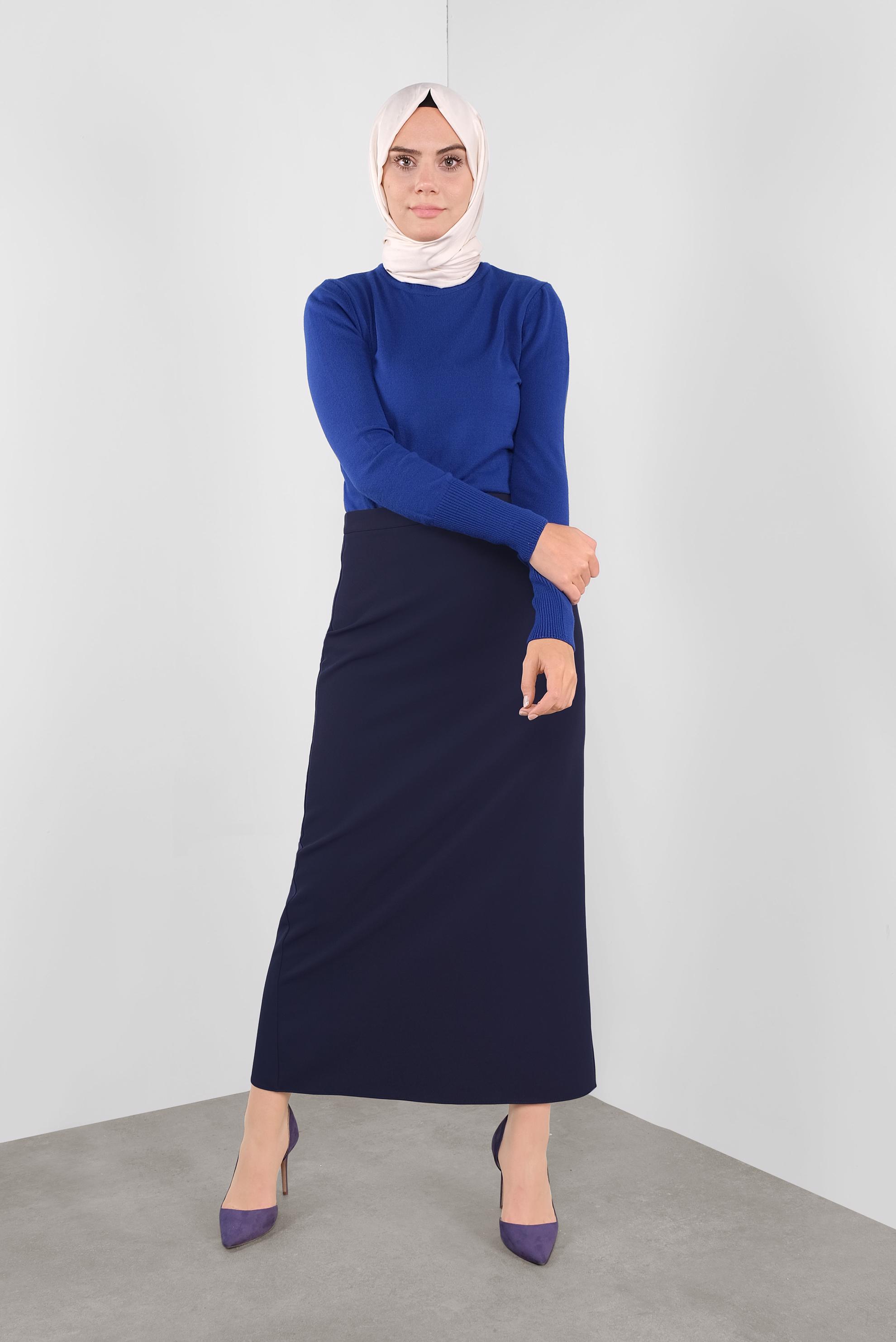 Tesettür giyim LACİVERT GİZLİ YIRTMAÇLI YÜKSEK BEL ETEK 60131 