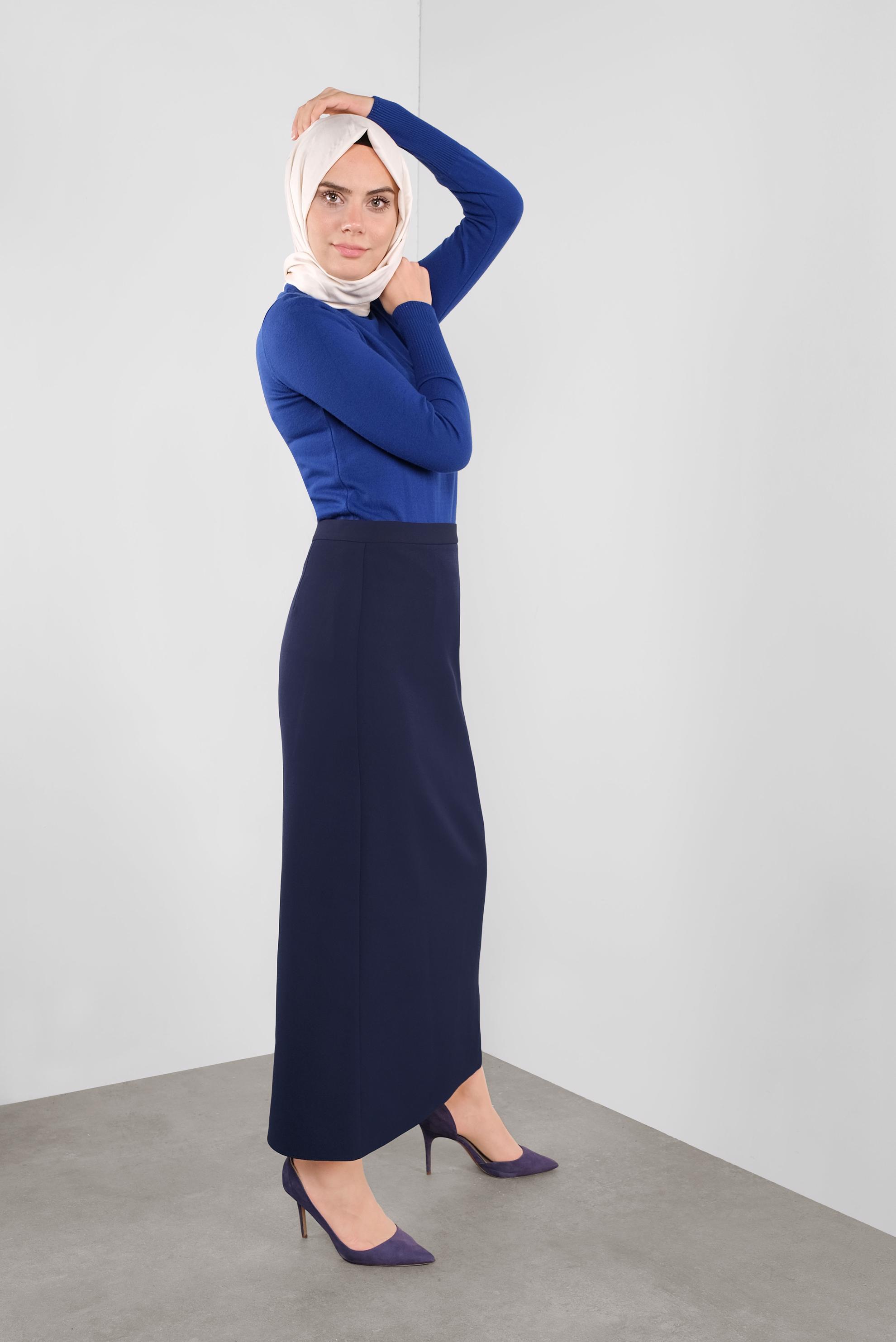 Tesettür giyim LACİVERT GİZLİ YIRTMAÇLI YÜKSEK BEL ETEK 60131 