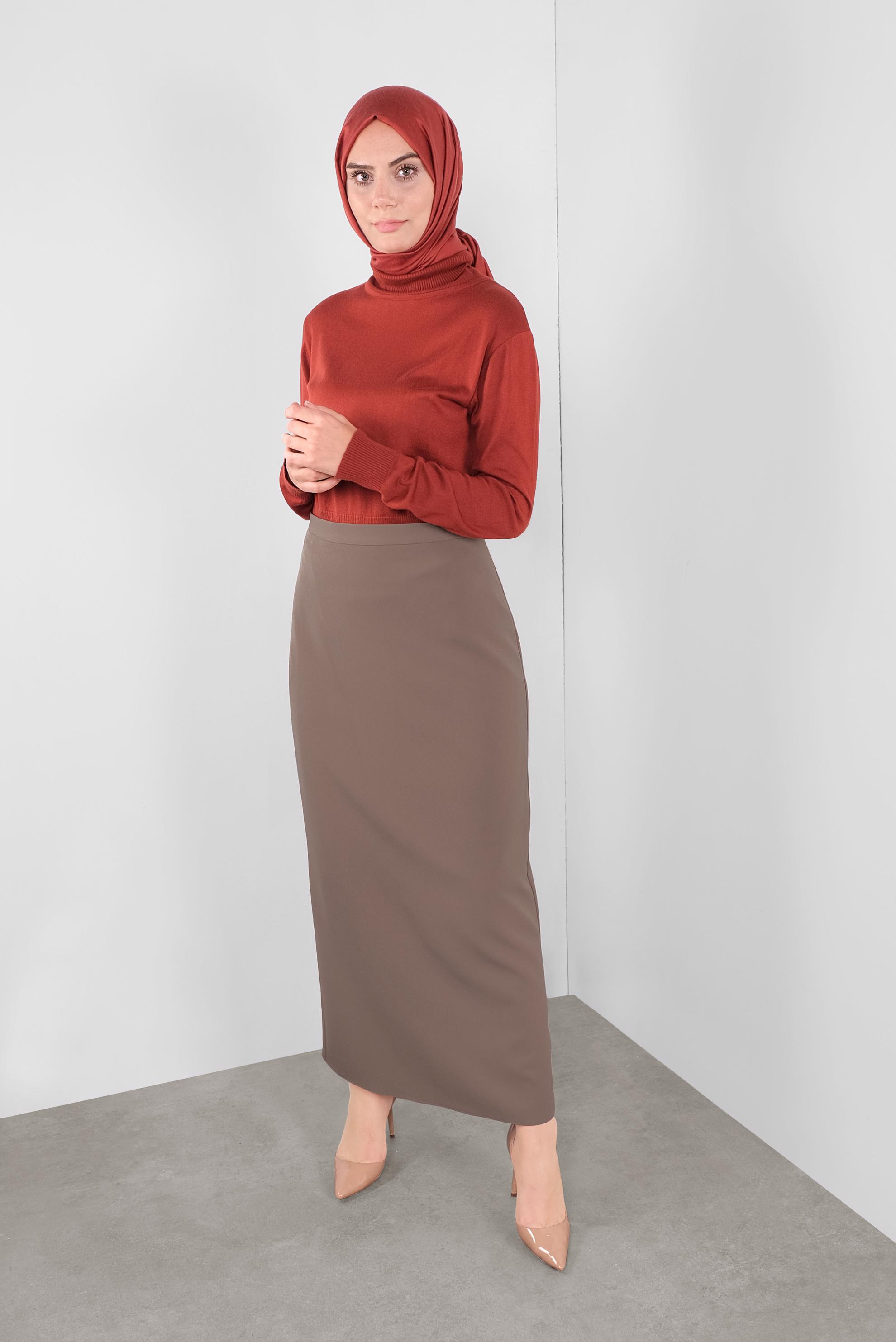 Tesettür giyim VİZON GİZLİ YIRTMAÇLI YÜKSEK BEL ETEK 60131 