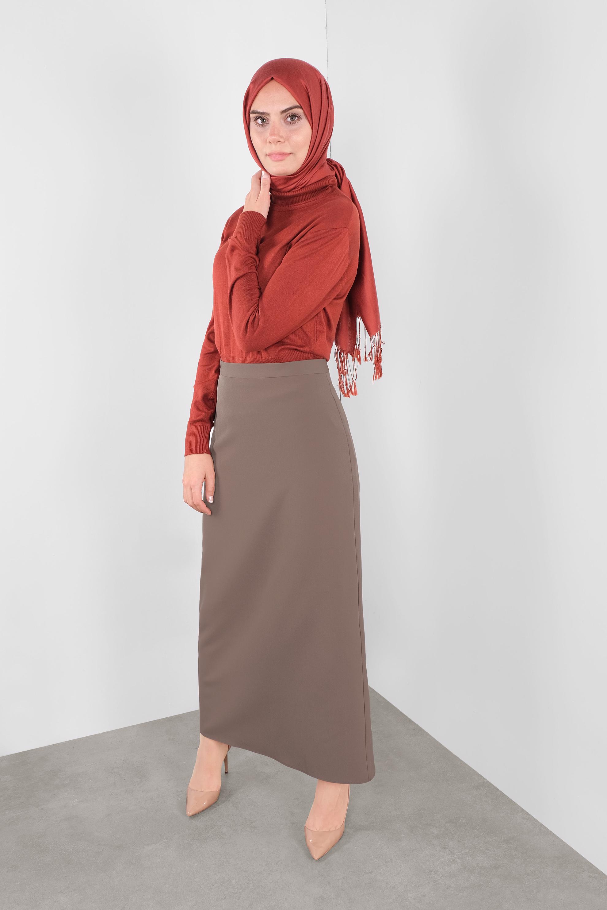 Tesettür giyim VİZON GİZLİ YIRTMAÇLI YÜKSEK BEL ETEK 60131 