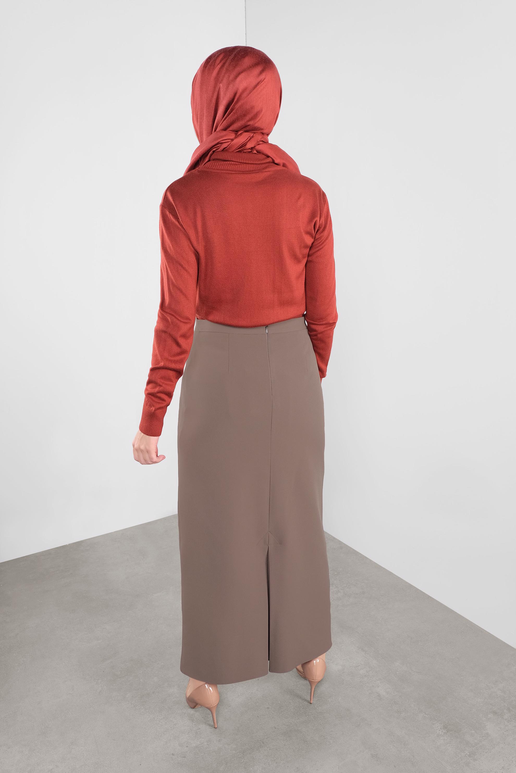 Tesettür giyim VİZON GİZLİ YIRTMAÇLI YÜKSEK BEL ETEK 60131 