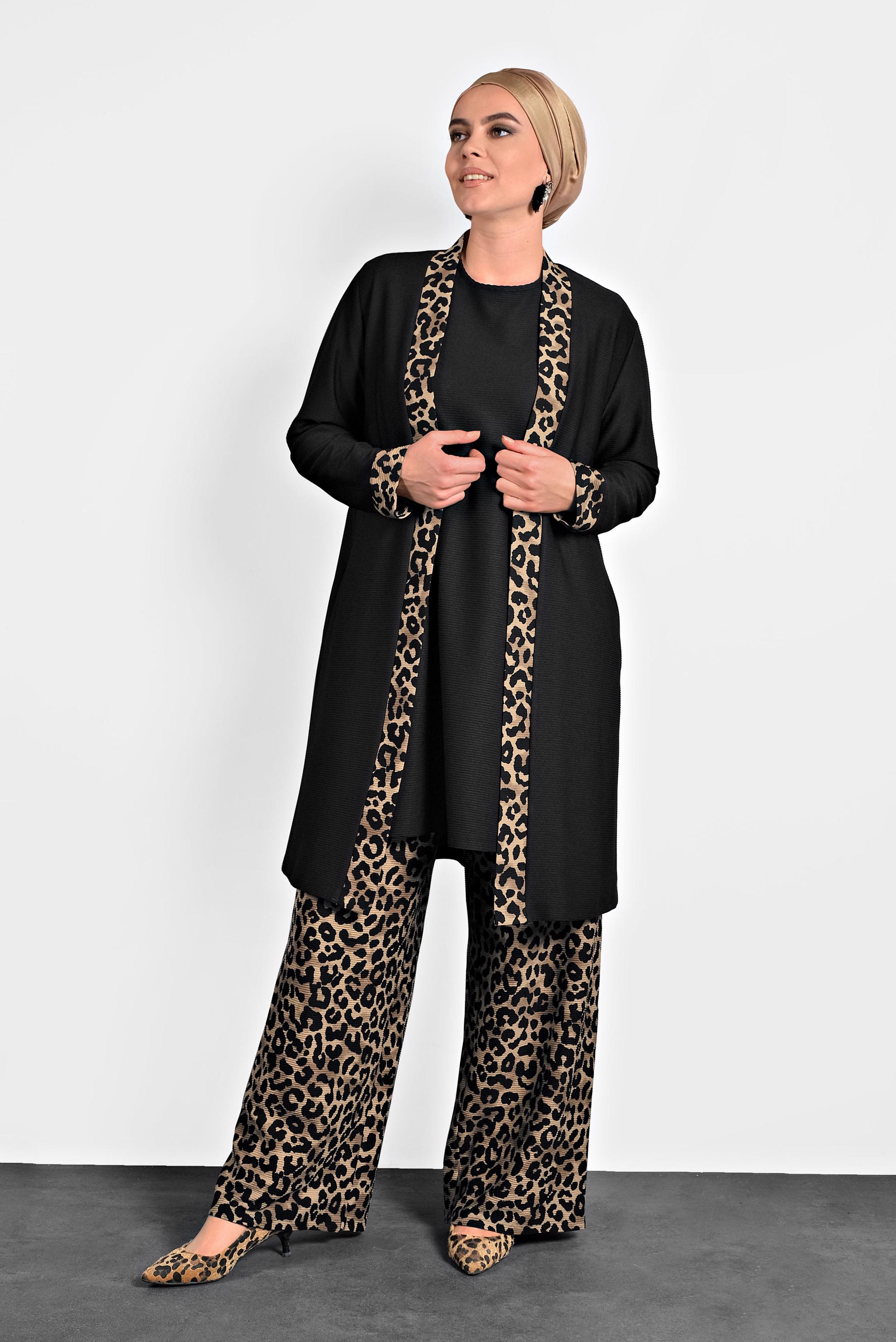 Tesettür giyim SİYAH LEOPAR DESENLİ HIRKA 20008 