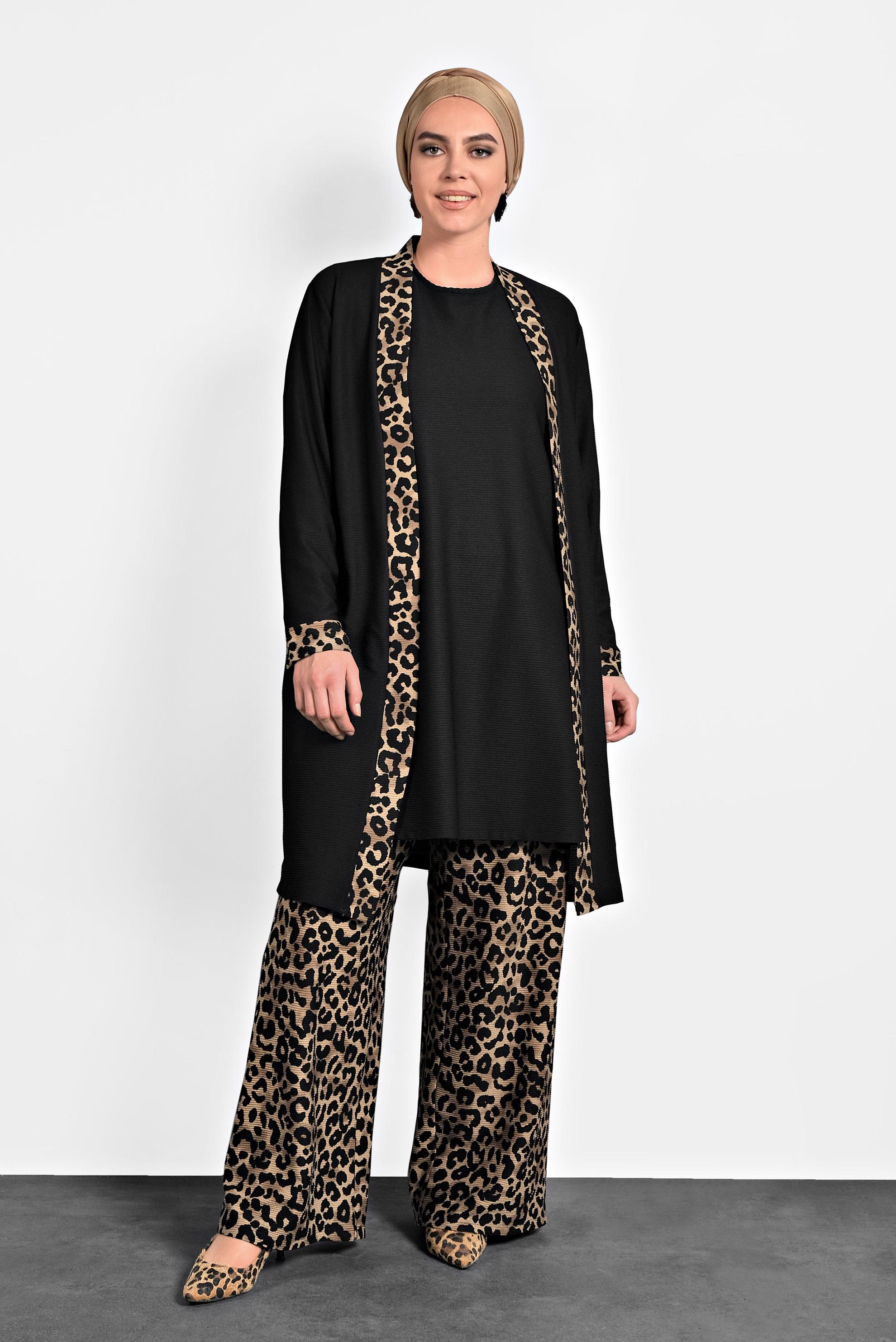 Tesettür giyim SİYAH LEOPAR DESENLİ HIRKA 20008 