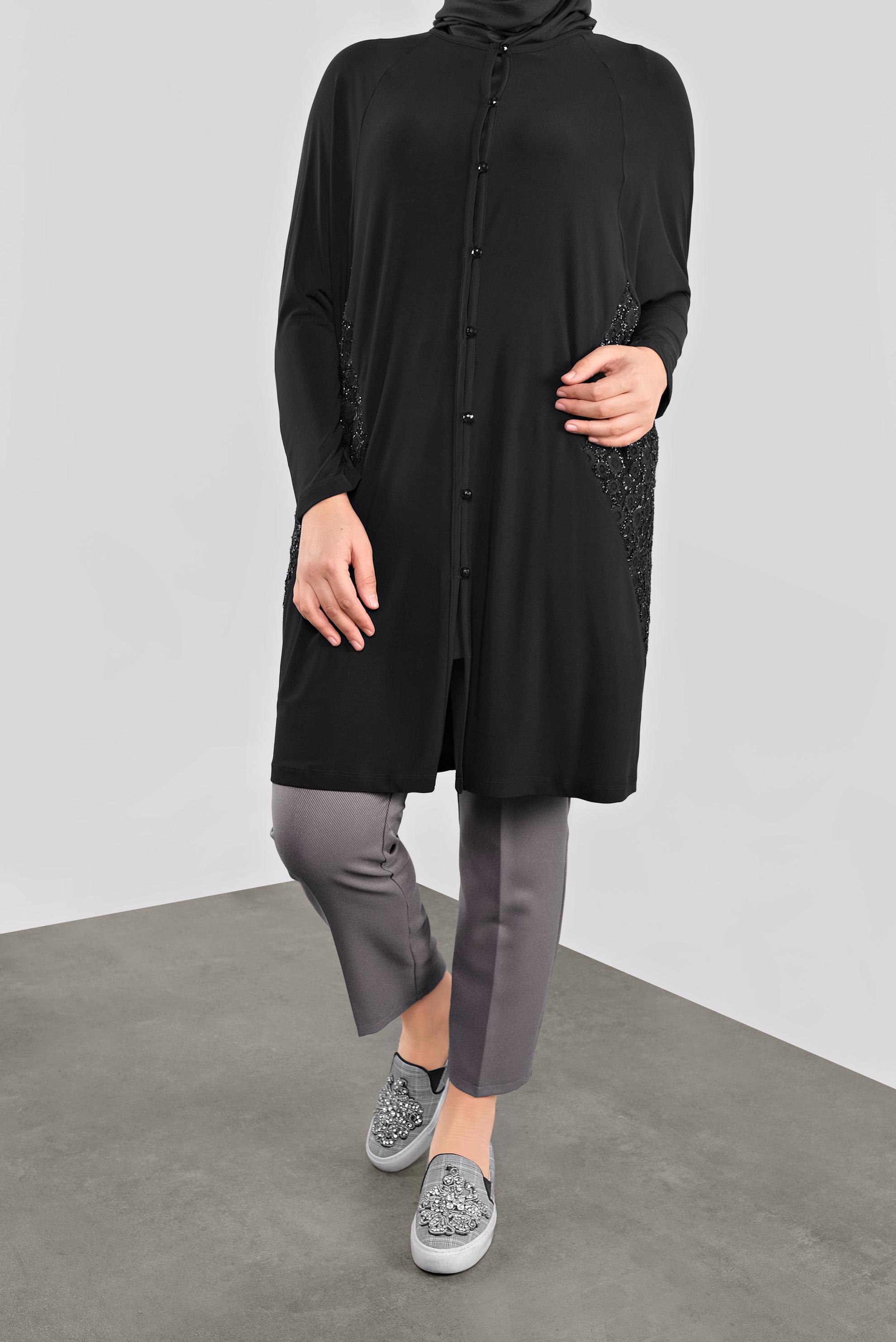 Tesettür giyim SİYAH  DANTELLİ SİMLİ HIRKA 20062 