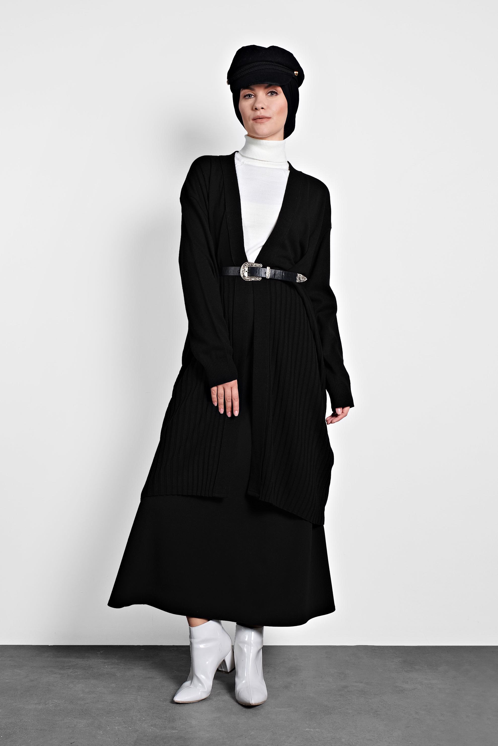 Tesettür giyim SİYAH FİTİLLİ TRİKO HIRKA 40035