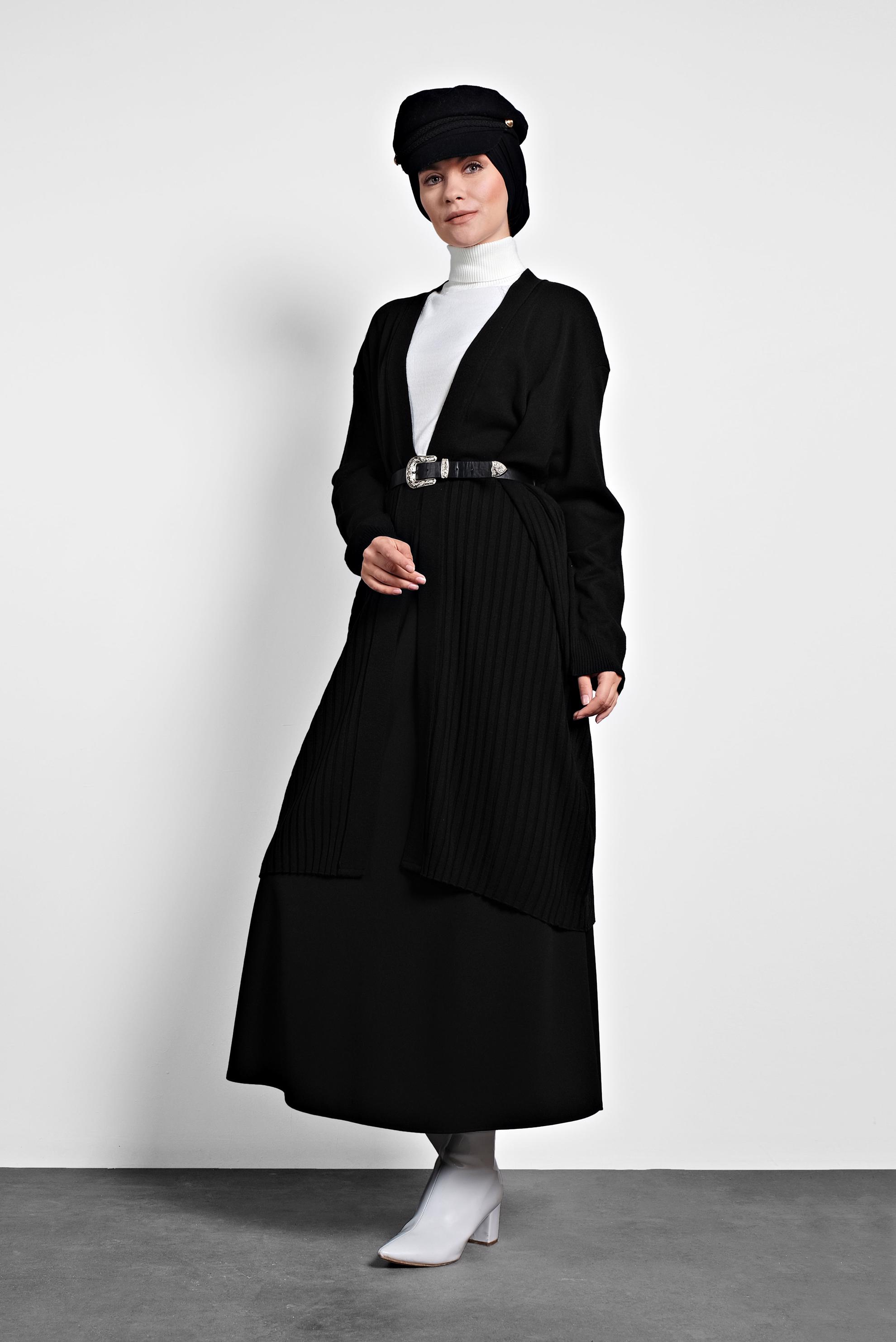 Tesettür giyim SİYAH FİTİLLİ TRİKO HIRKA 40035