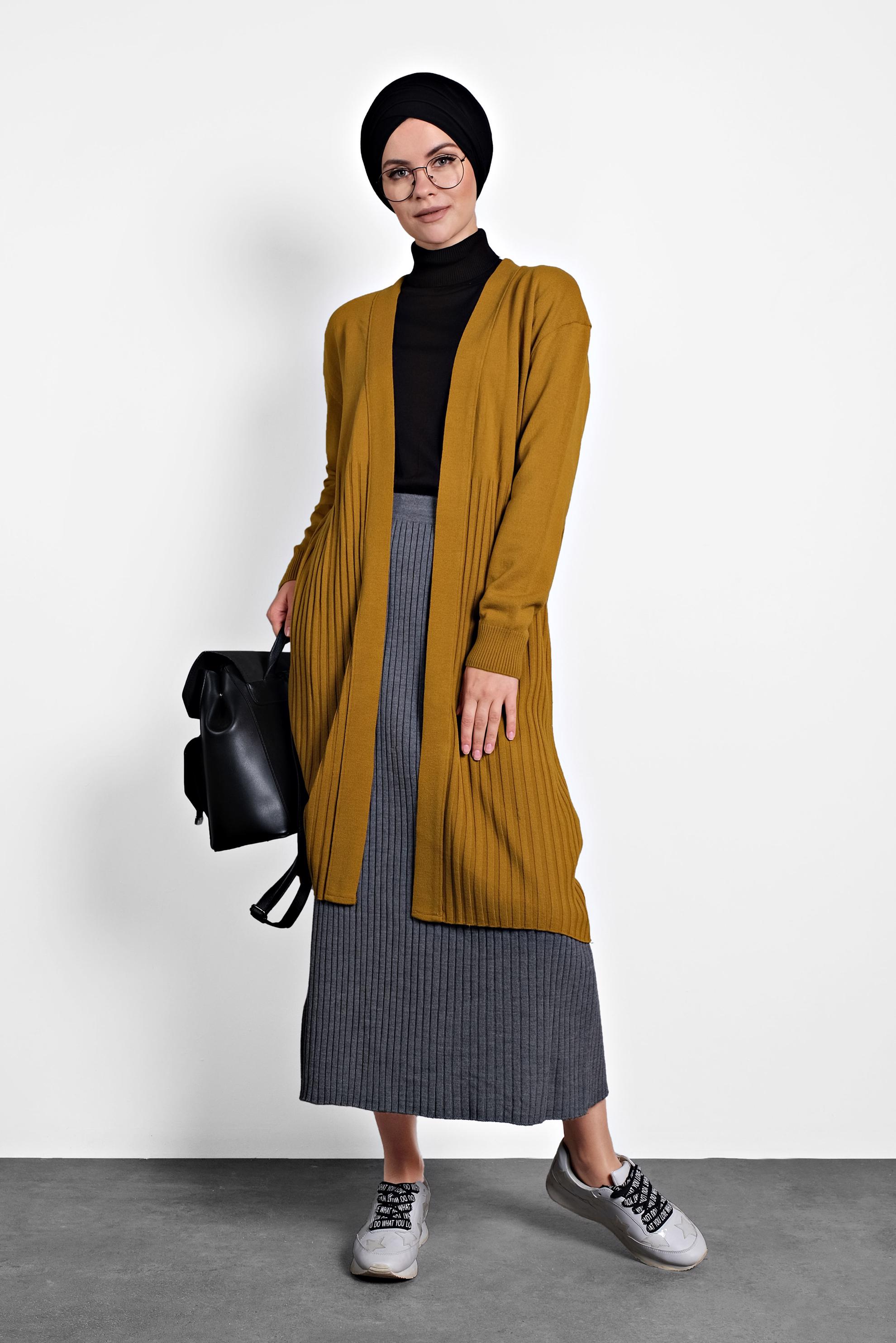 Tesettür giyim SARI FİTİLLİ TRİKO HIRKA 40035