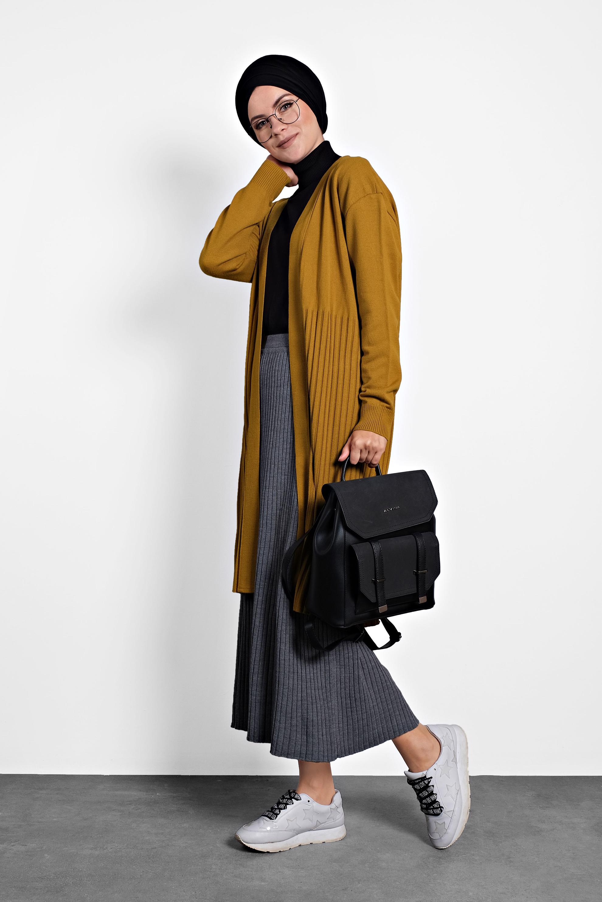 Tesettür giyim SARI FİTİLLİ TRİKO HIRKA 40035