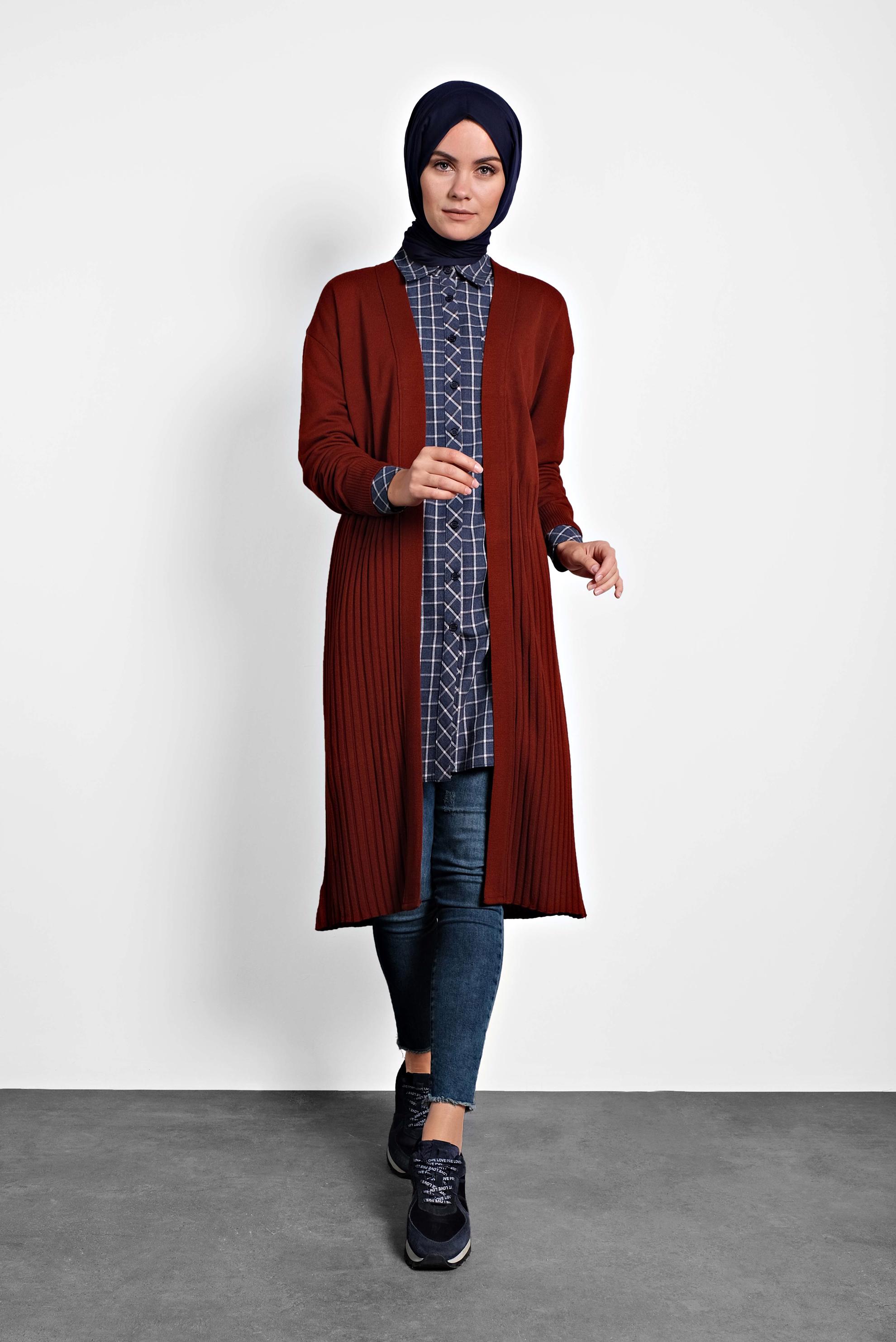 Tesettür giyim TURUNCU FİTİLLİ TRİKO HIRKA 40035