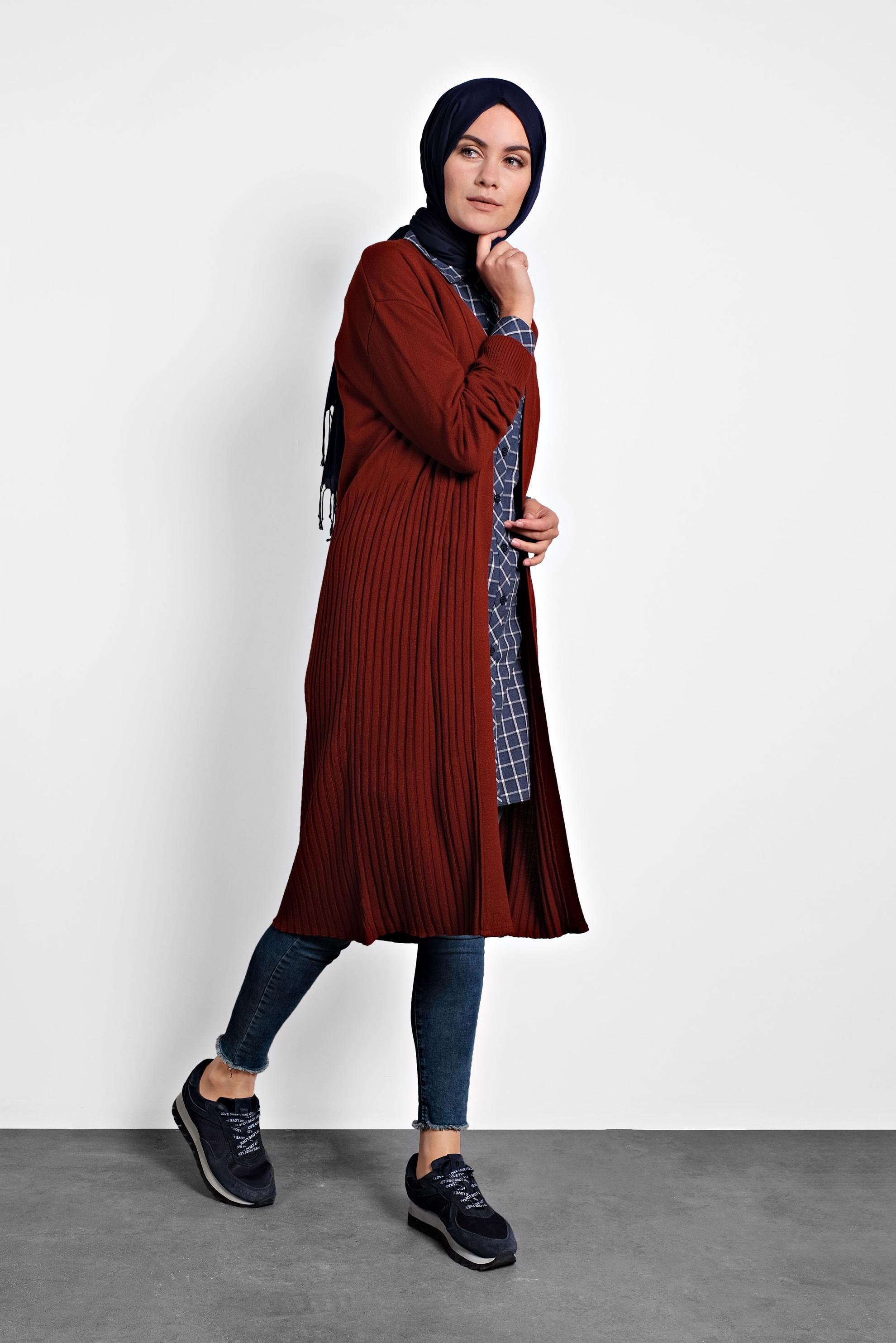 Tesettür giyim TURUNCU FİTİLLİ TRİKO HIRKA 40035