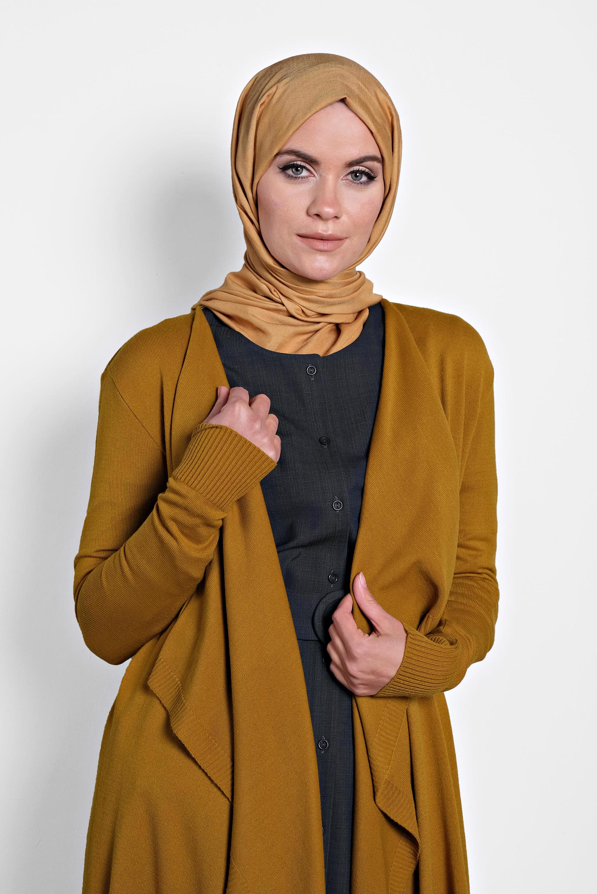 Tesettür giyim SARI ASİMETRİK KESİM TRİKO HIRKA 40036 