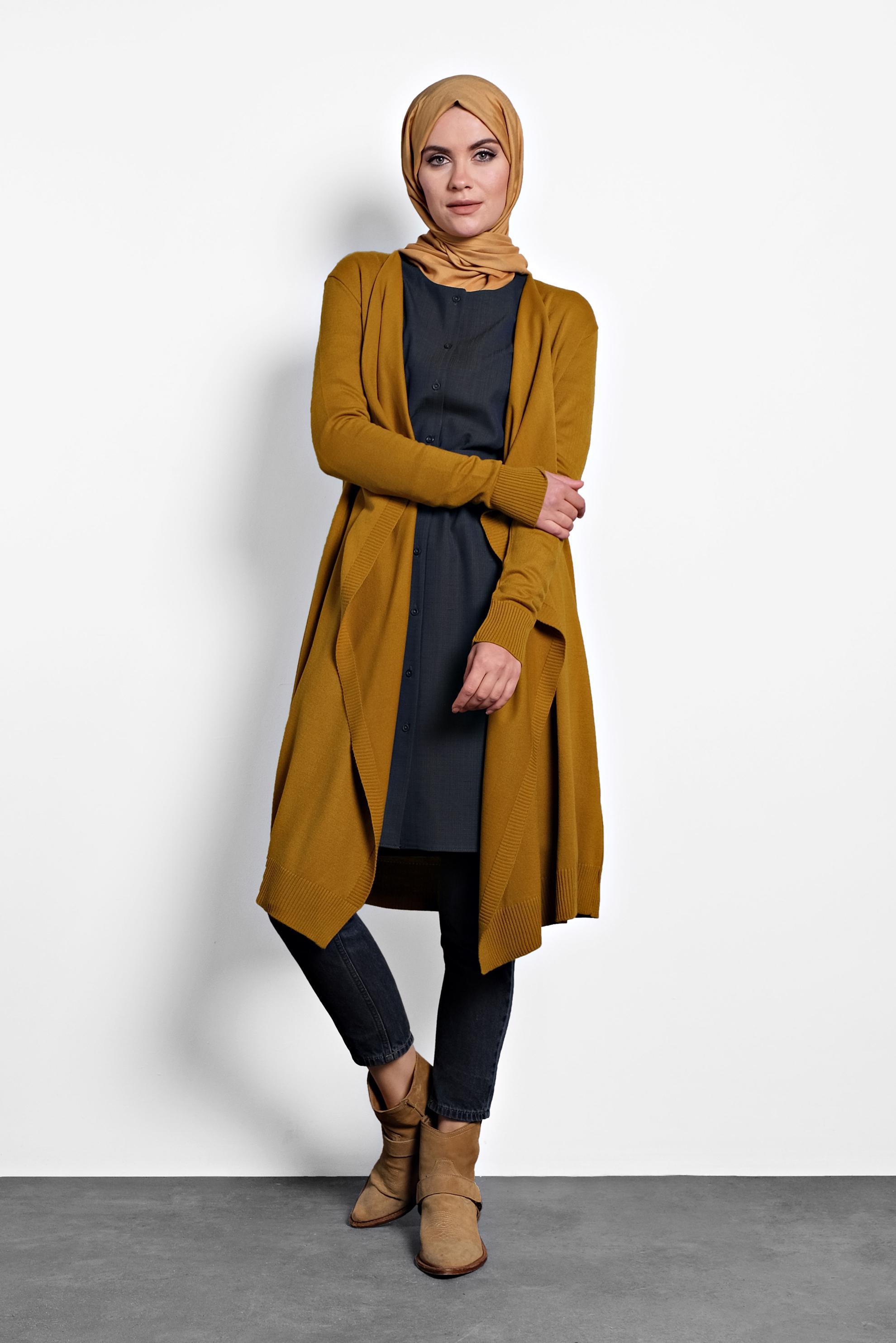 Tesettür giyim SARI ASİMETRİK KESİM TRİKO HIRKA 40036 