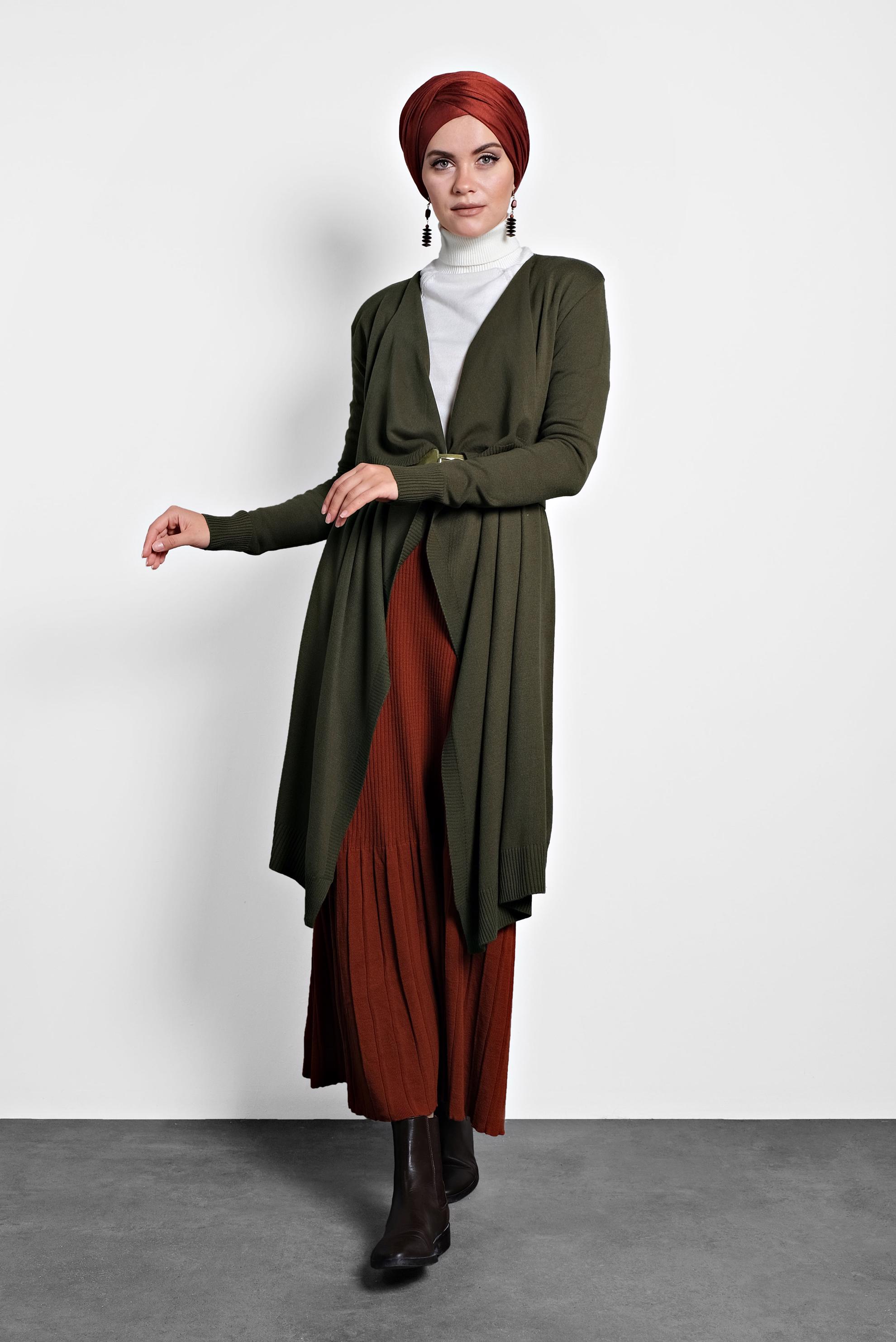 Tesettür giyim HAKİ ASİMETRİK KESİM TRİKO HIRKA 40036 