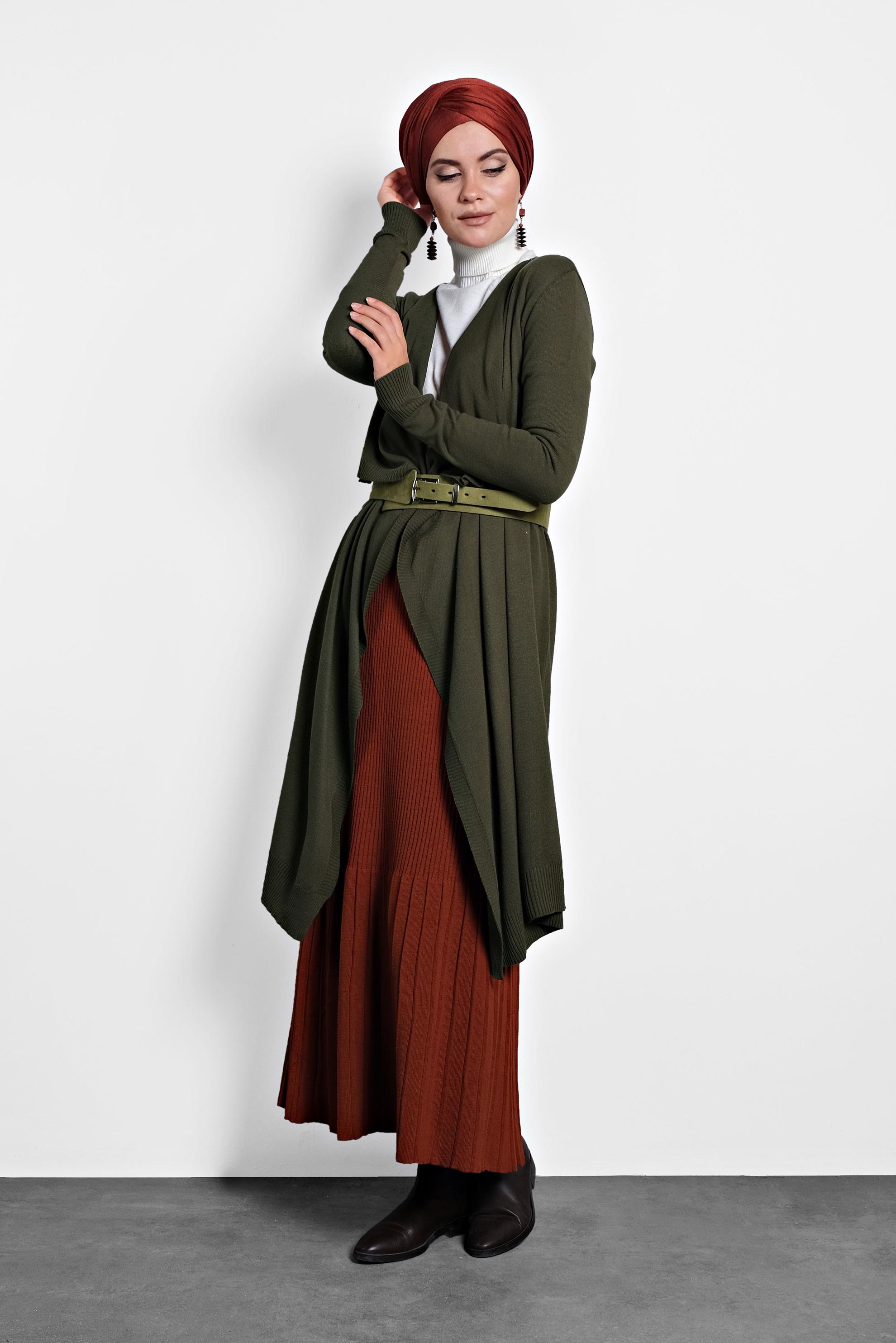 Tesettür giyim HAKİ ASİMETRİK KESİM TRİKO HIRKA 40036 