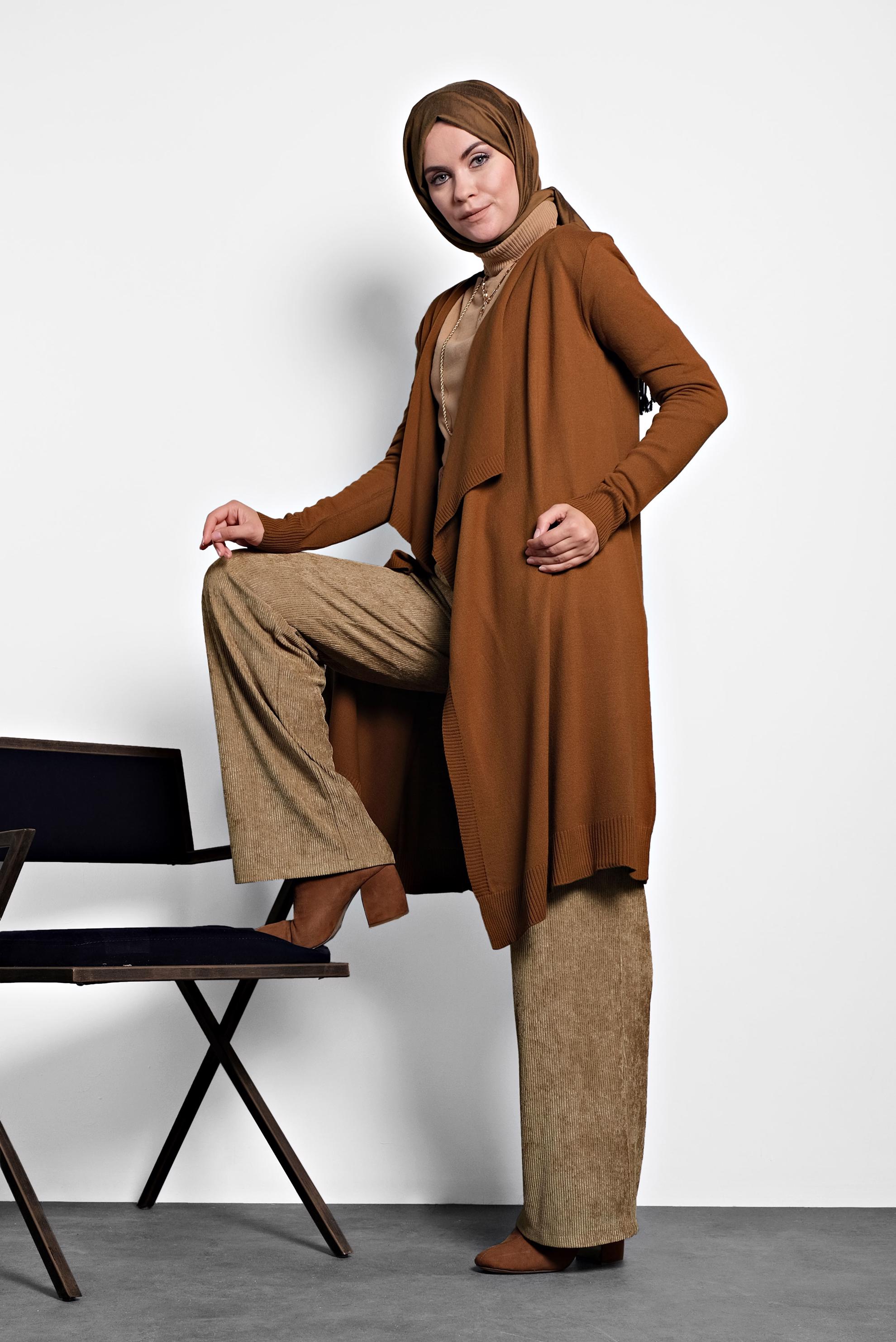 Tesettür giyim TABA ASİMETRİK KESİM TRİKO HIRKA 40036 