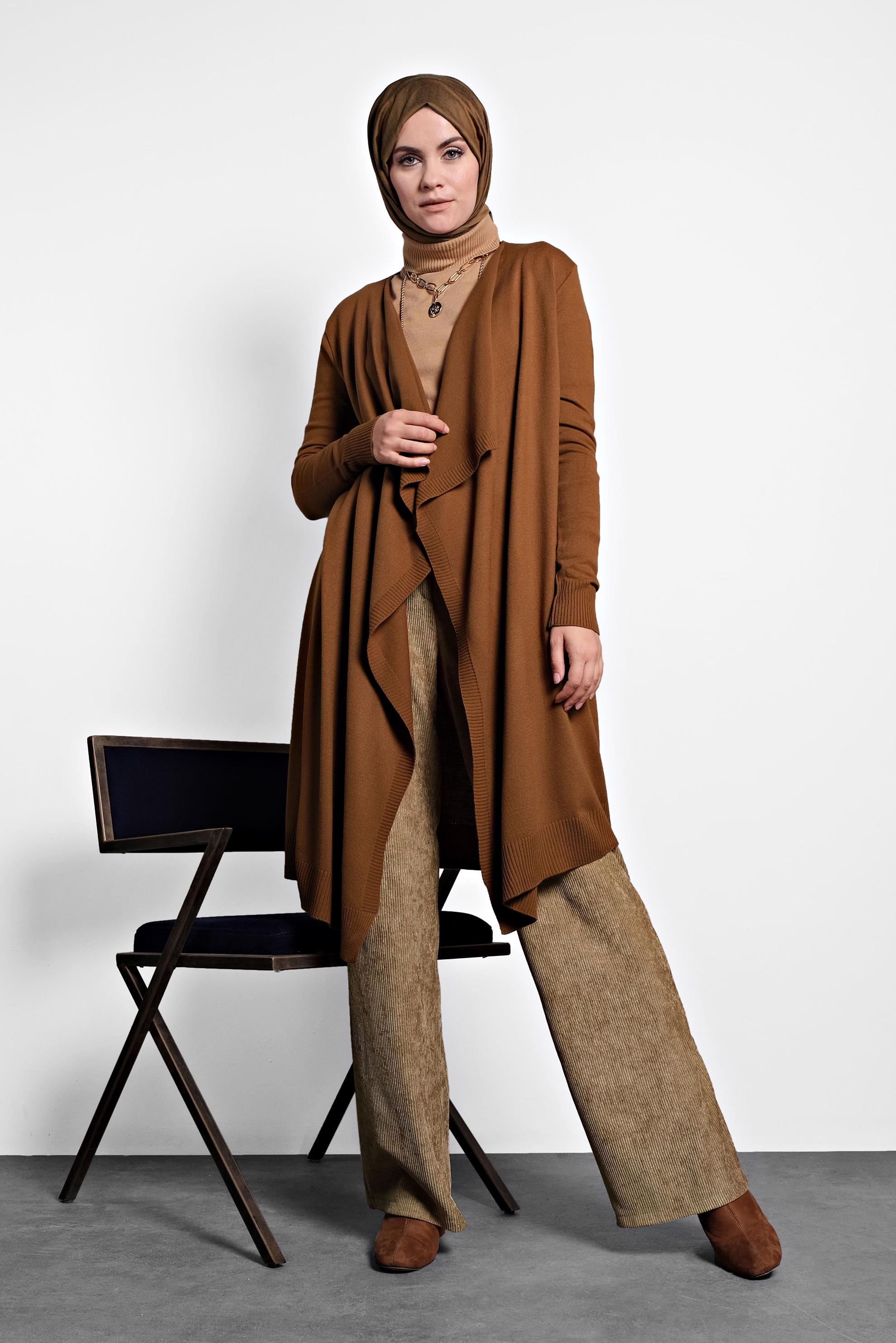 Tesettür giyim TABA ASİMETRİK KESİM TRİKO HIRKA 40036 