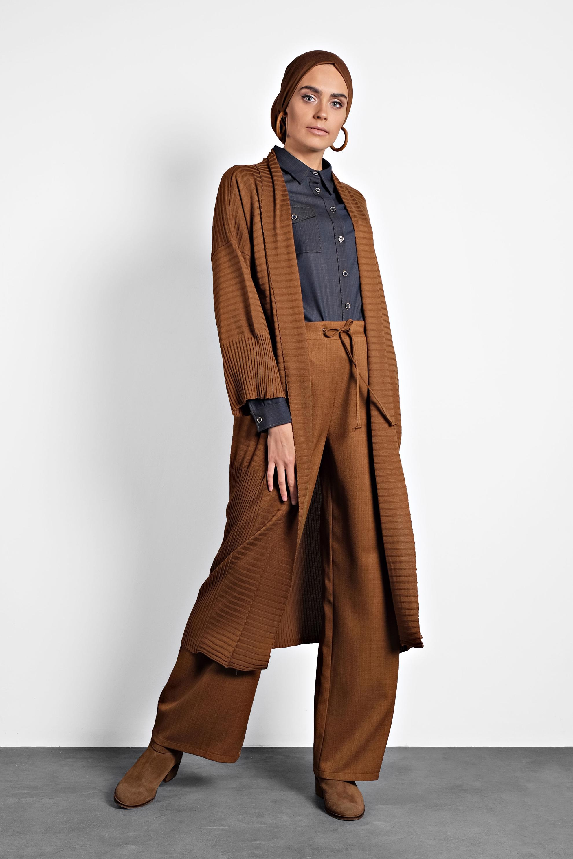 Tesettür giyim TABA FİTİLLİ TRİKO HIRKA 40040  