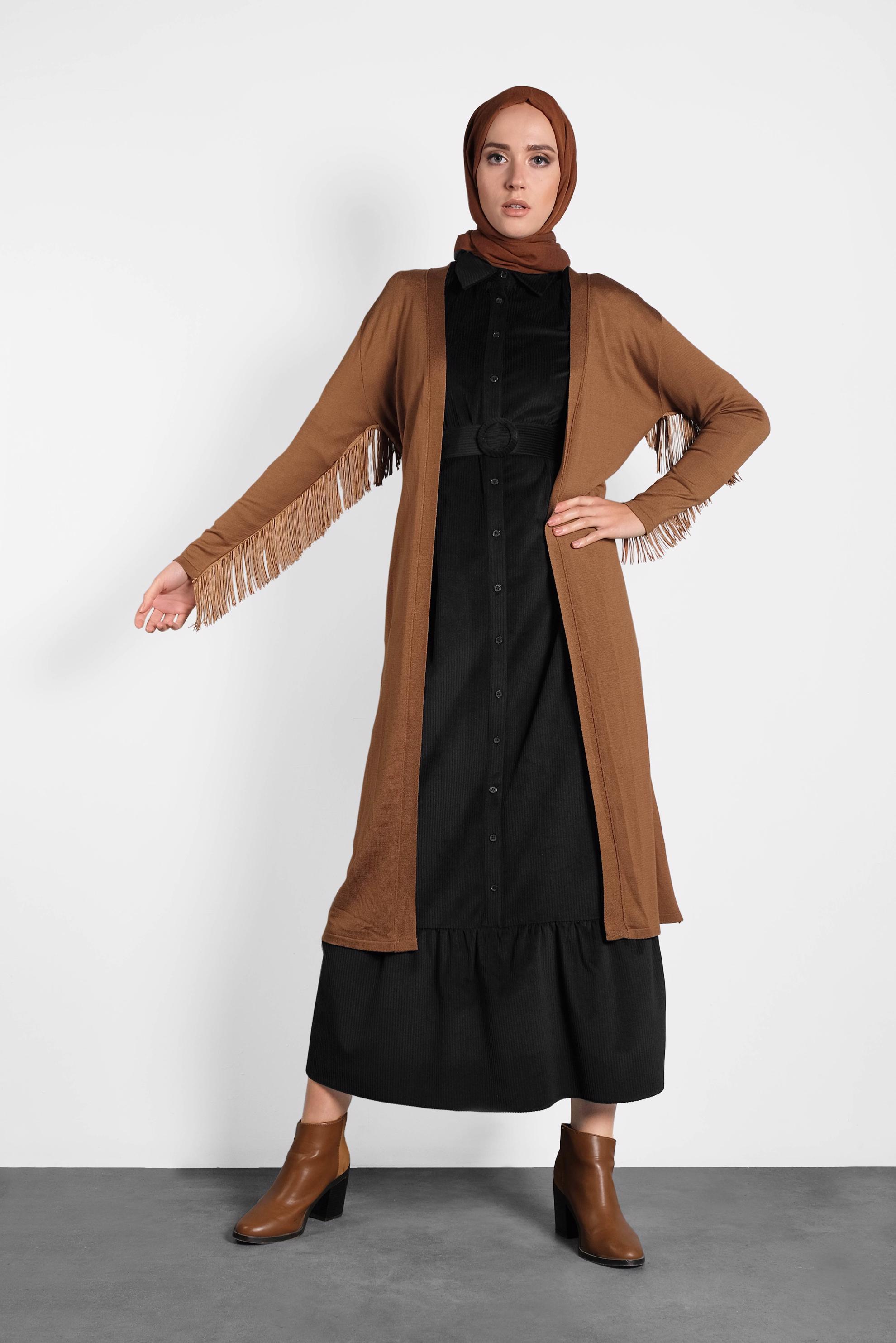 Tesettür giyim TABA PÜSKÜLLÜ TRİKO HIRKA 40043  