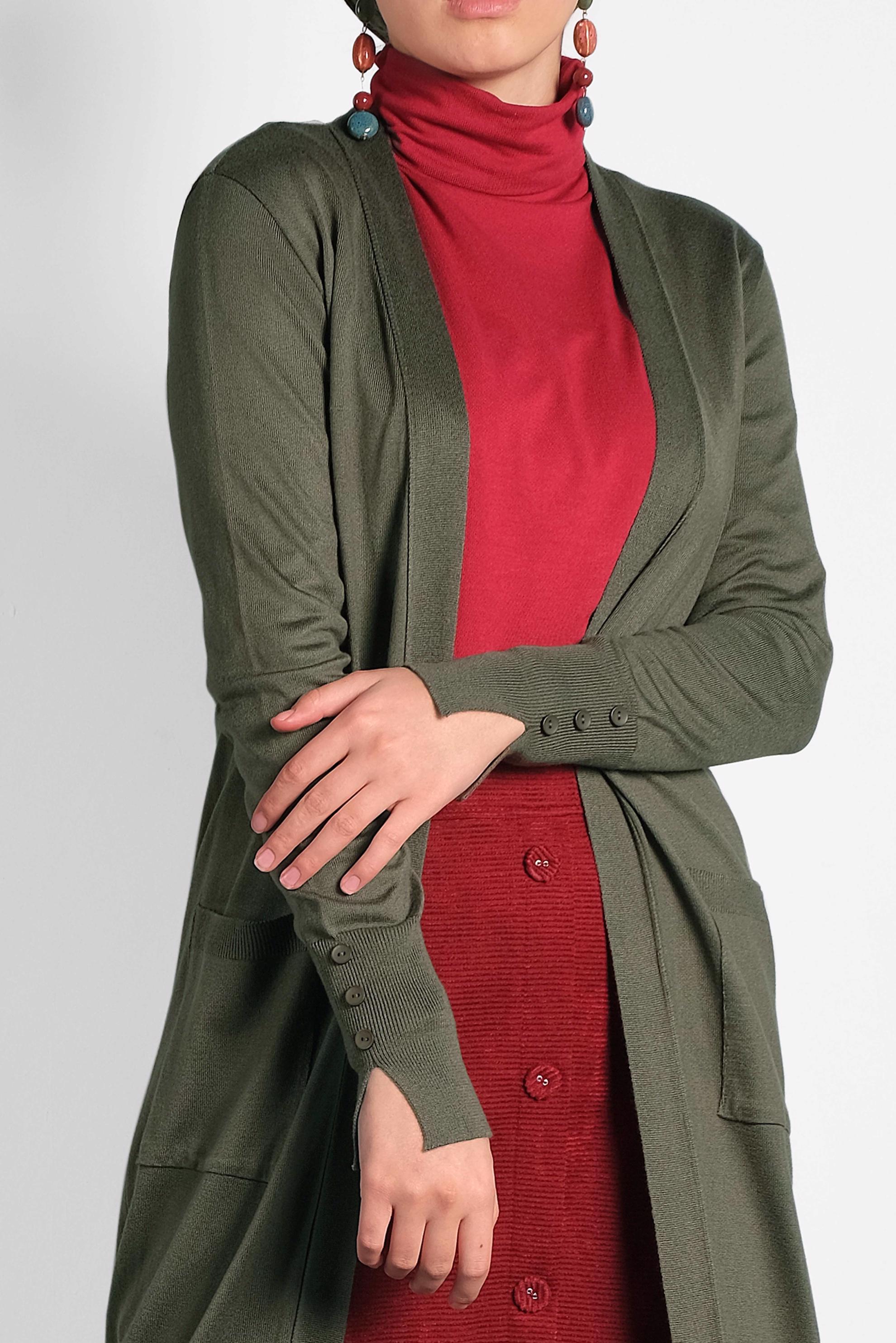 Tesettür giyim HAKİ MANŞETLERİ DÜĞMELİ CEPLİ TRİKO HIRKA 40044 