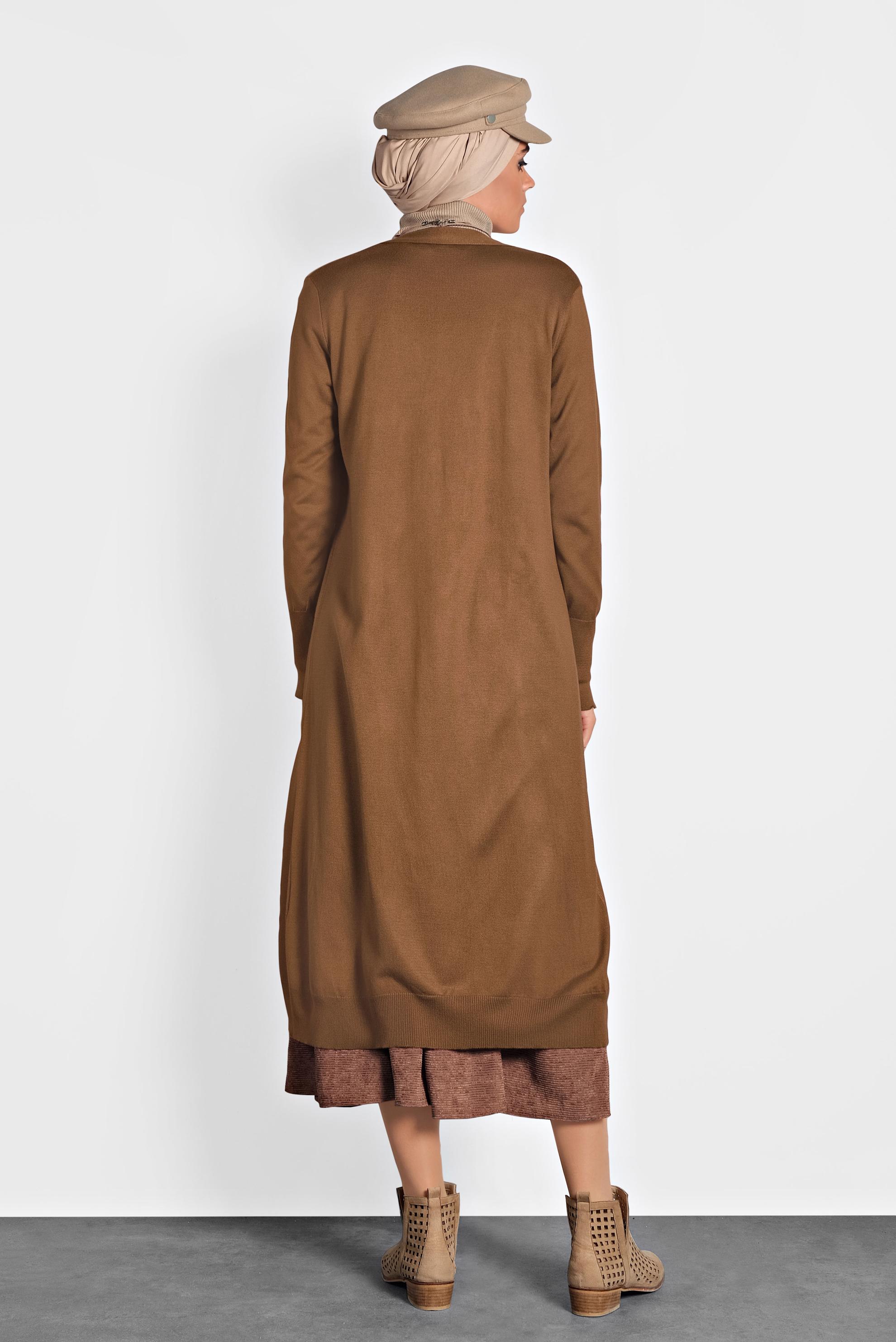 Tesettür giyim TABA MANŞETLERİ DÜĞMELİ CEPLİ TRİKO HIRKA 40044 