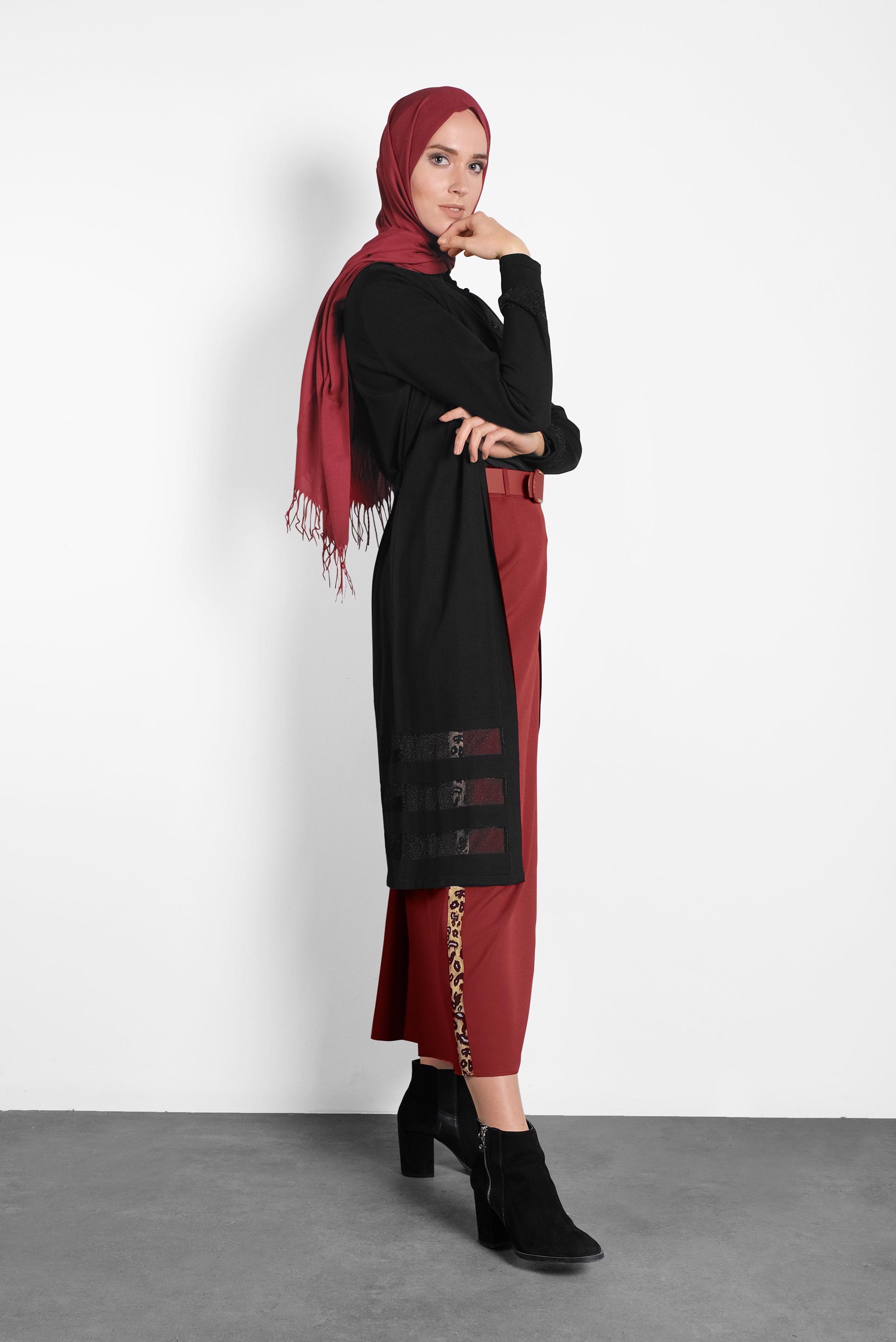 Tesettür giyim SİYAH KUŞAKLI HIRKA 40050 