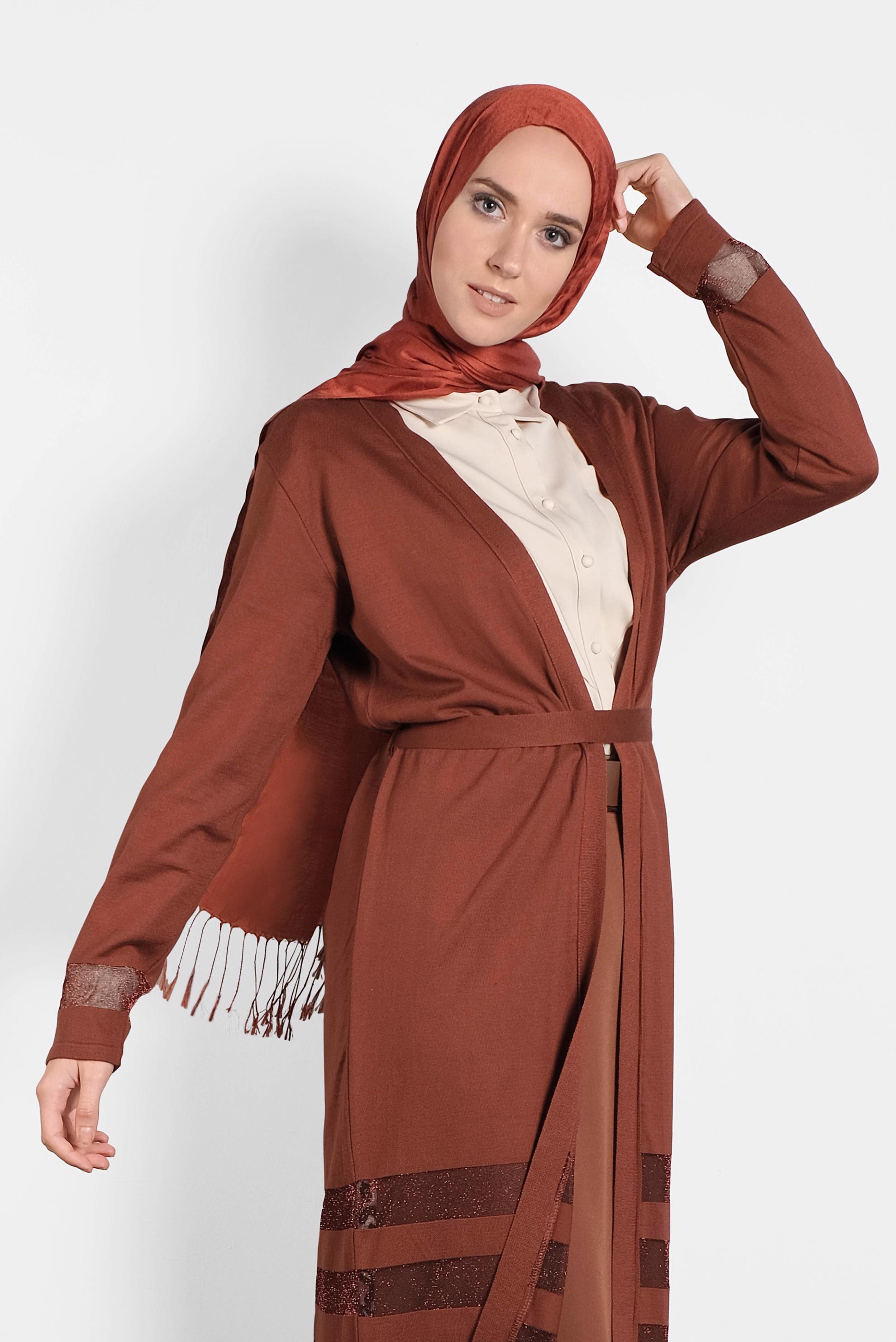 Tesettür giyim TURUNCU KUŞAKLI HIRKA 40050 