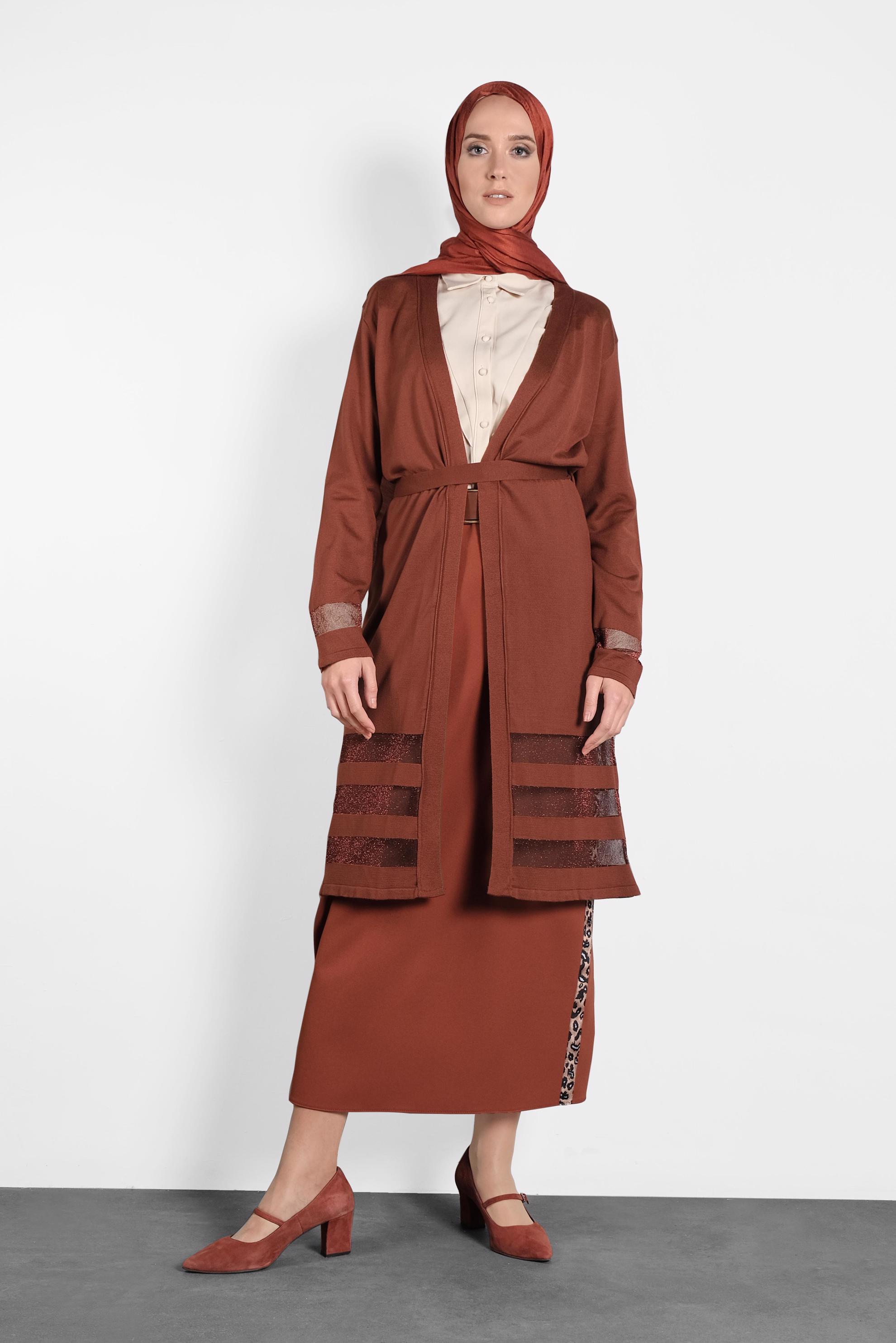 Tesettür giyim TURUNCU KUŞAKLI HIRKA 40050 