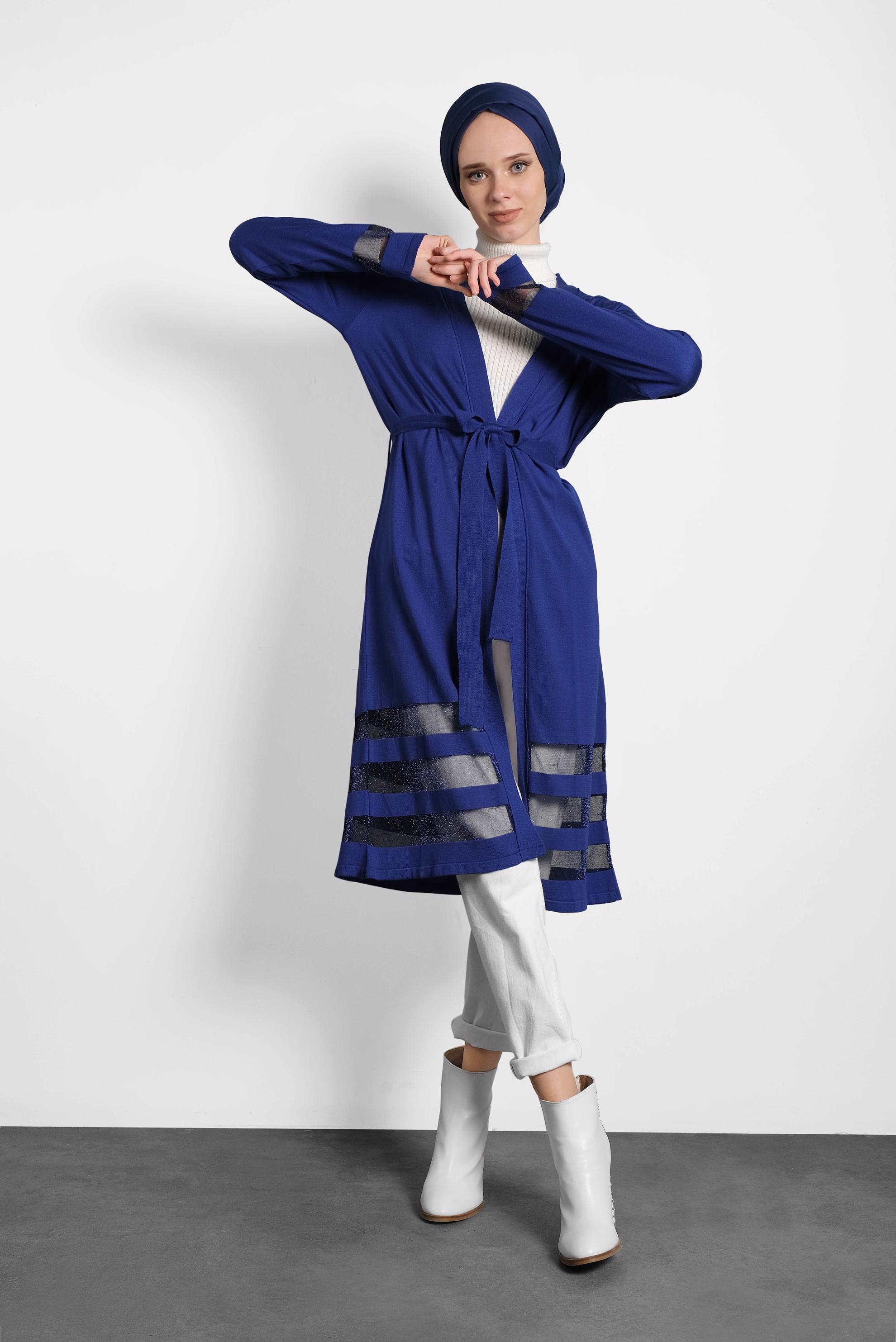 Tesettür giyim LACİVERT KUŞAKLI HIRKA 40050 