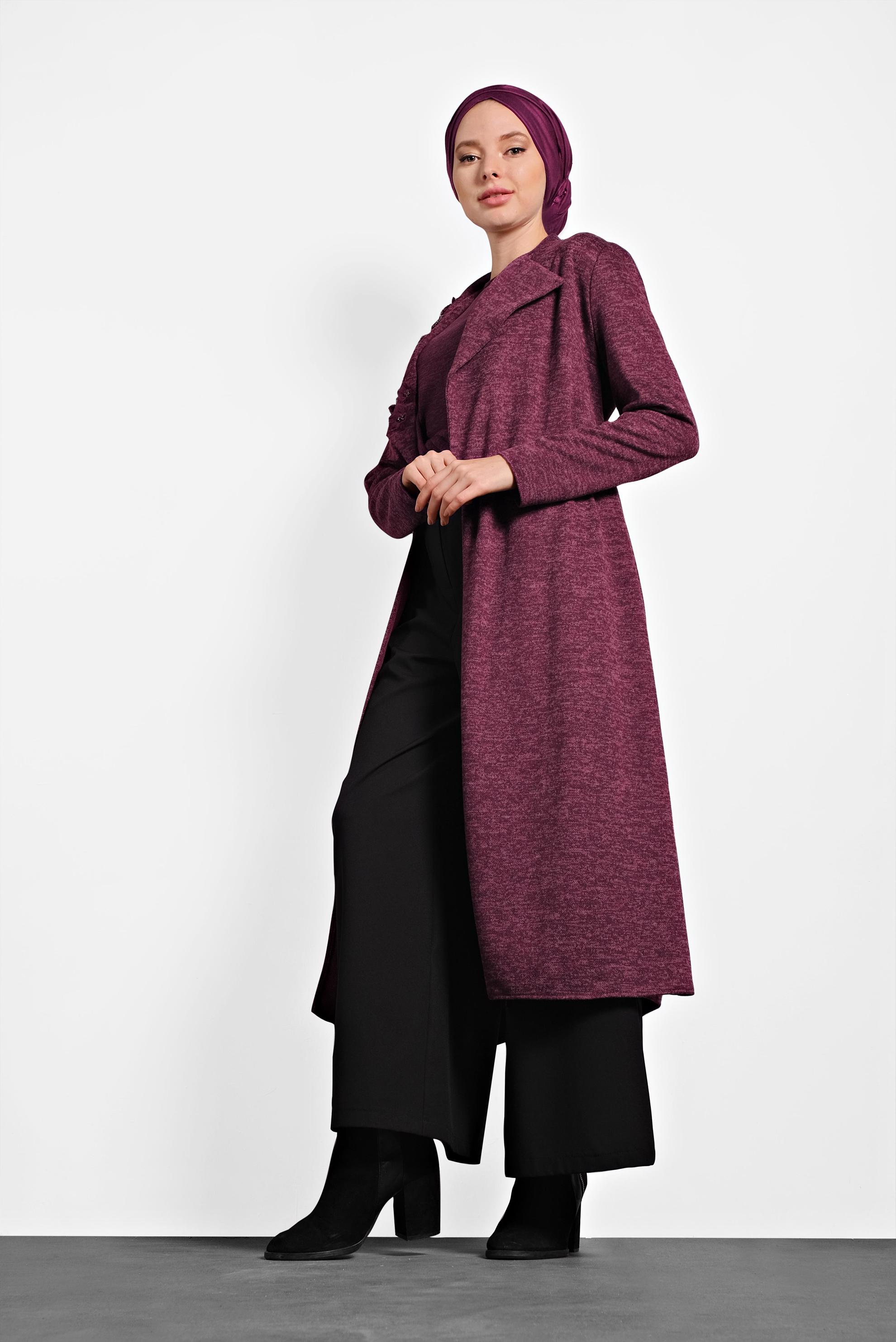 Tesettür giyim BORDO YAKASI İŞLEMELİ KUŞAKLI HIRKA 40189 