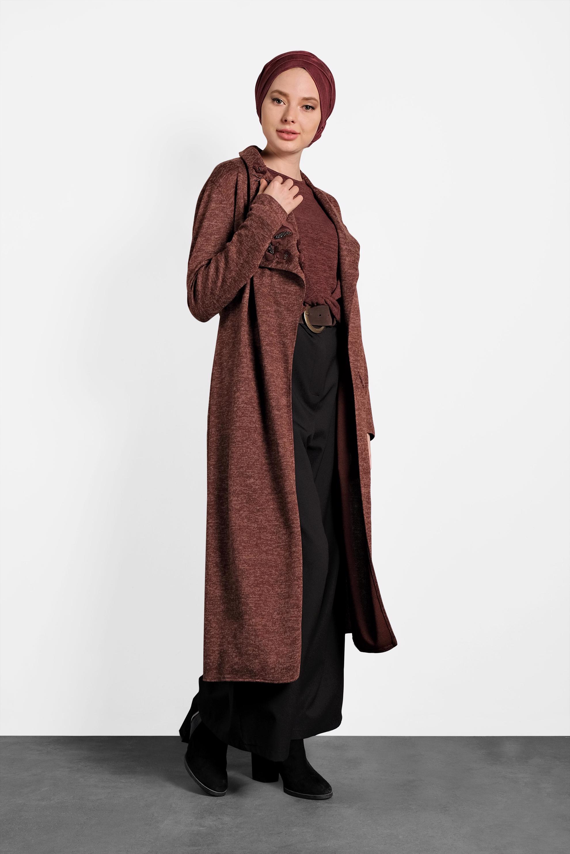 Tesettür giyim TURUNCU YAKASI İŞLEMELİ KUŞAKLI HIRKA 40189 