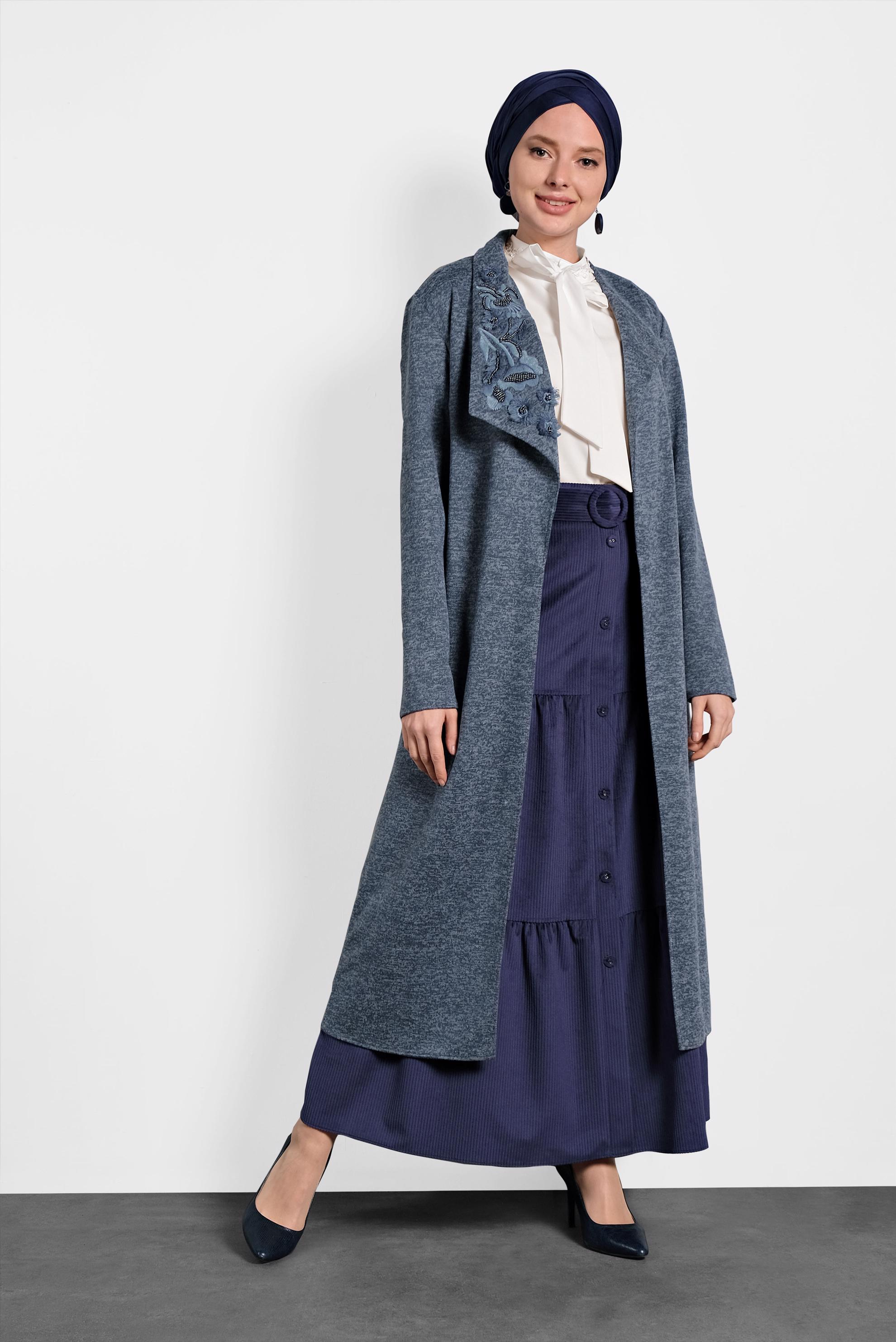 Hijab clothing NAVY BLUE COLLAR-EMBROIDERED BELTED CARDIGAN 40189