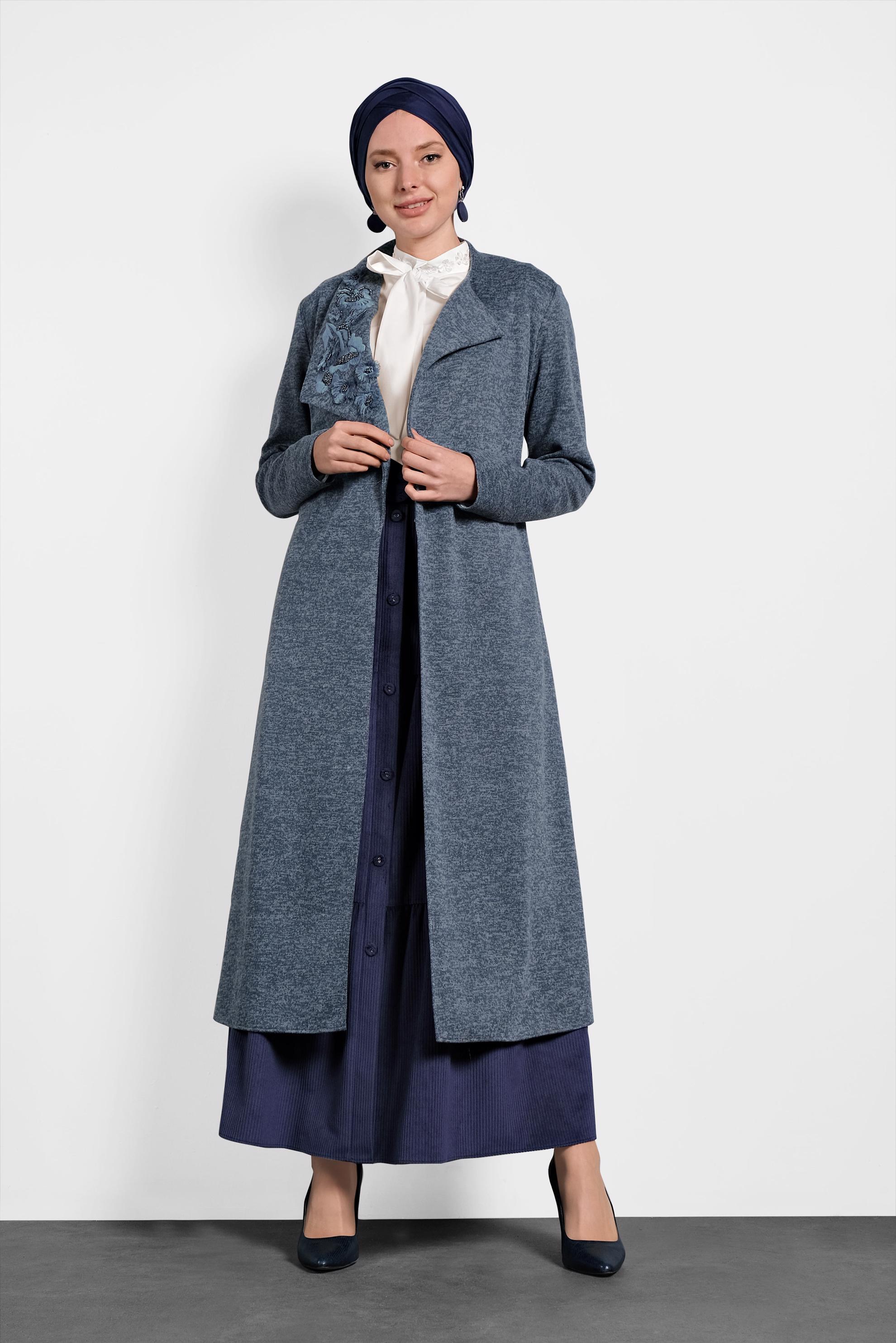 Hijab clothing NAVY BLUE COLLAR-EMBROIDERED BELTED CARDIGAN 40189