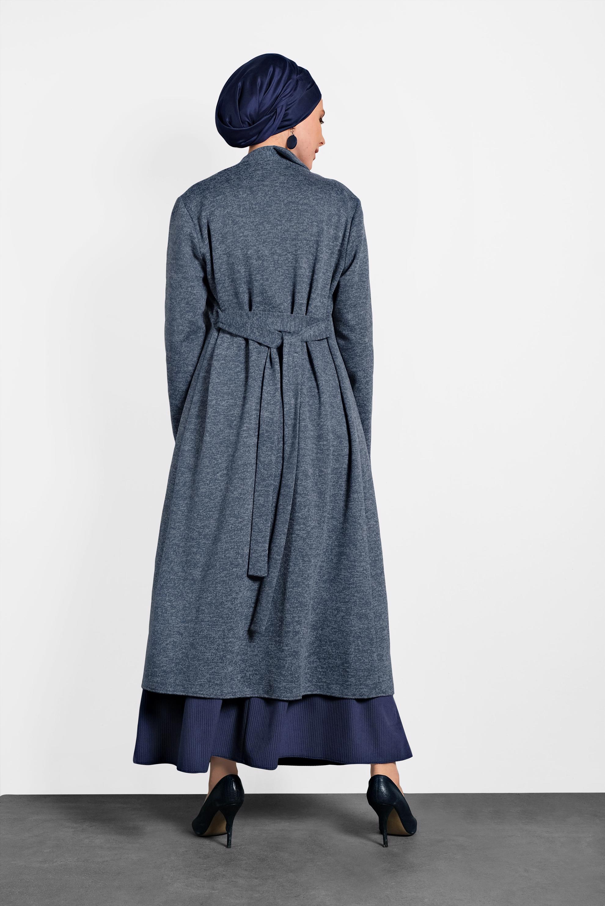 Hijab clothing NAVY BLUE COLLAR-EMBROIDERED BELTED CARDIGAN 40189