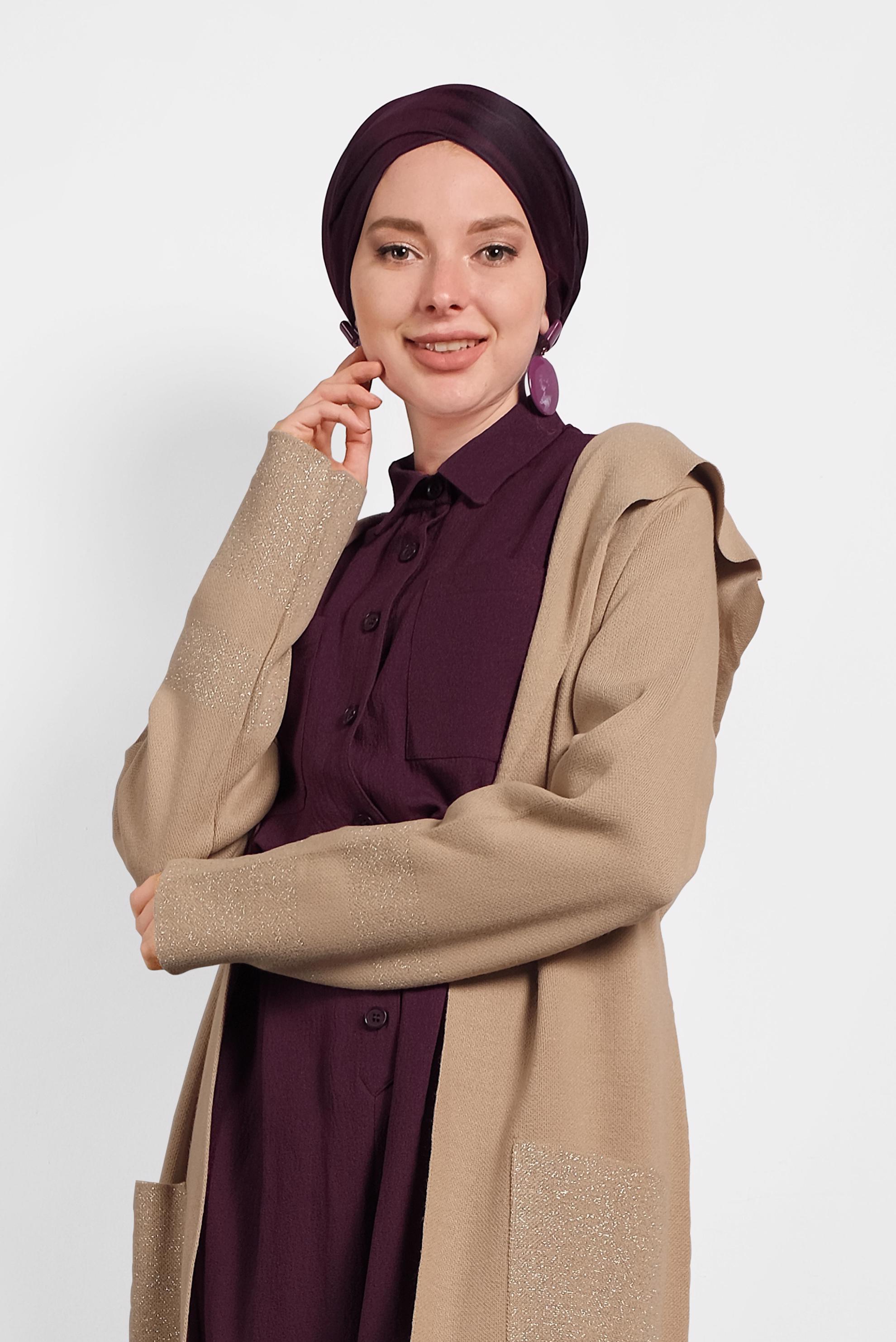 Tesettür giyim KAHVE KAPÜŞONLU KUŞAKLI HIRKA 40276 