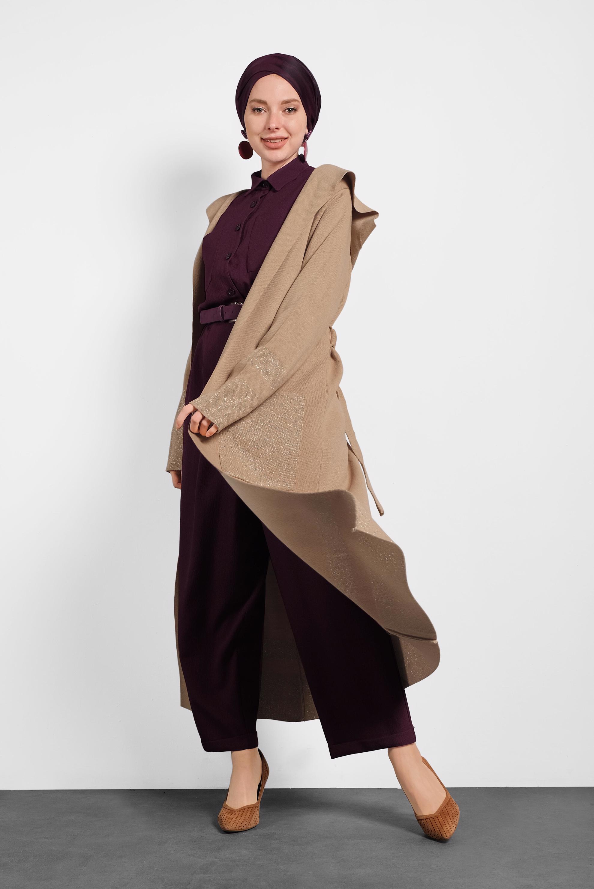 Tesettür giyim KAHVE KAPÜŞONLU KUŞAKLI HIRKA 40276 