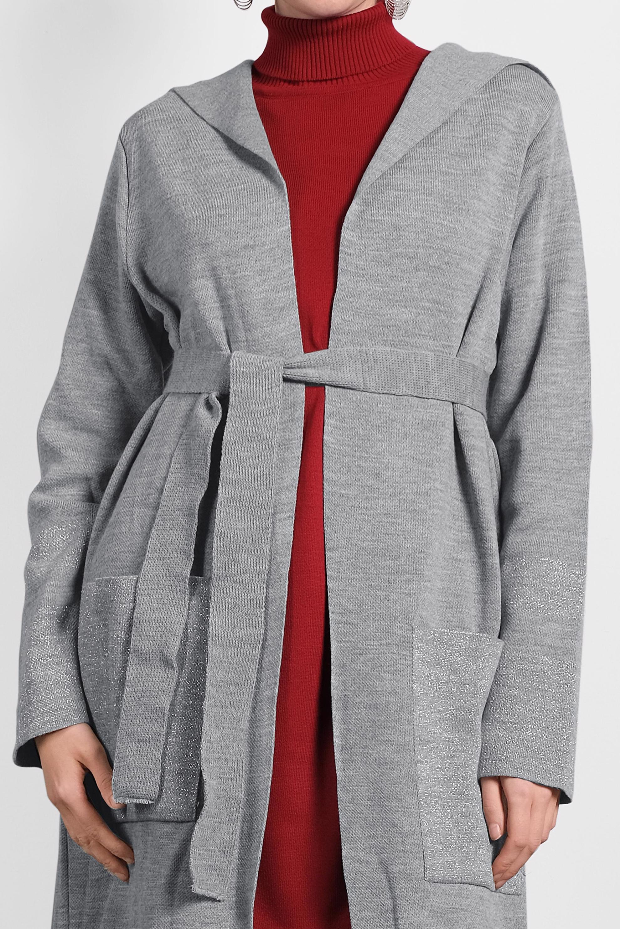 Tesettür giyim GRİ KAPÜŞONLU KUŞAKLI HIRKA 40276 