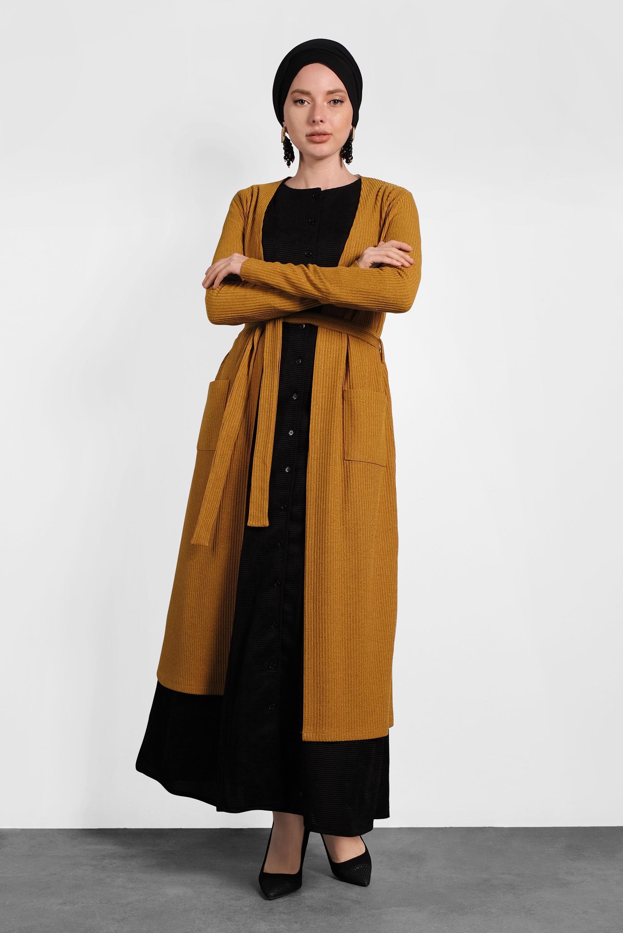 Tesettür giyim SARI CEPLİ TRİKO HIRKA 40354