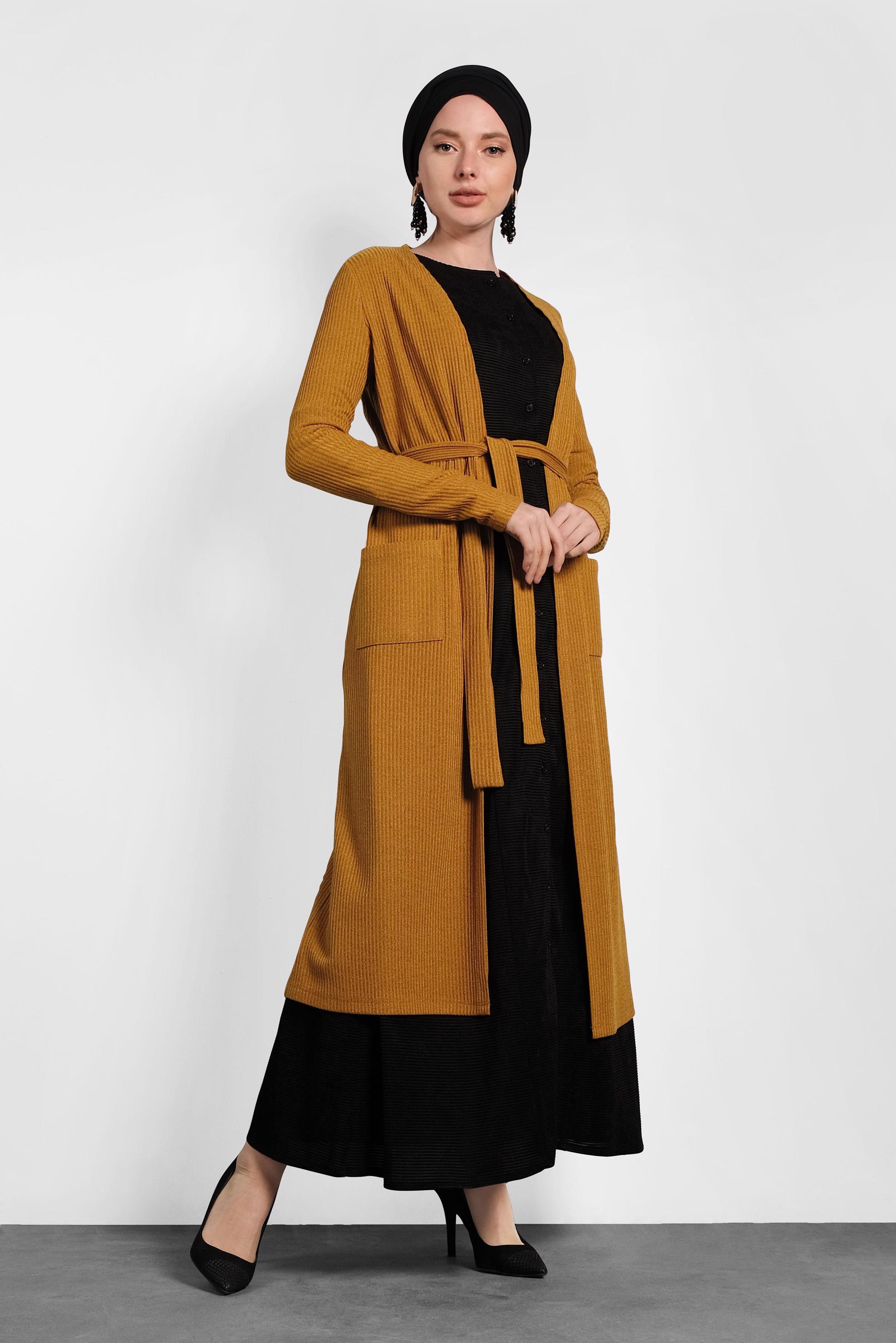 Tesettür giyim SARI CEPLİ TRİKO HIRKA 40354