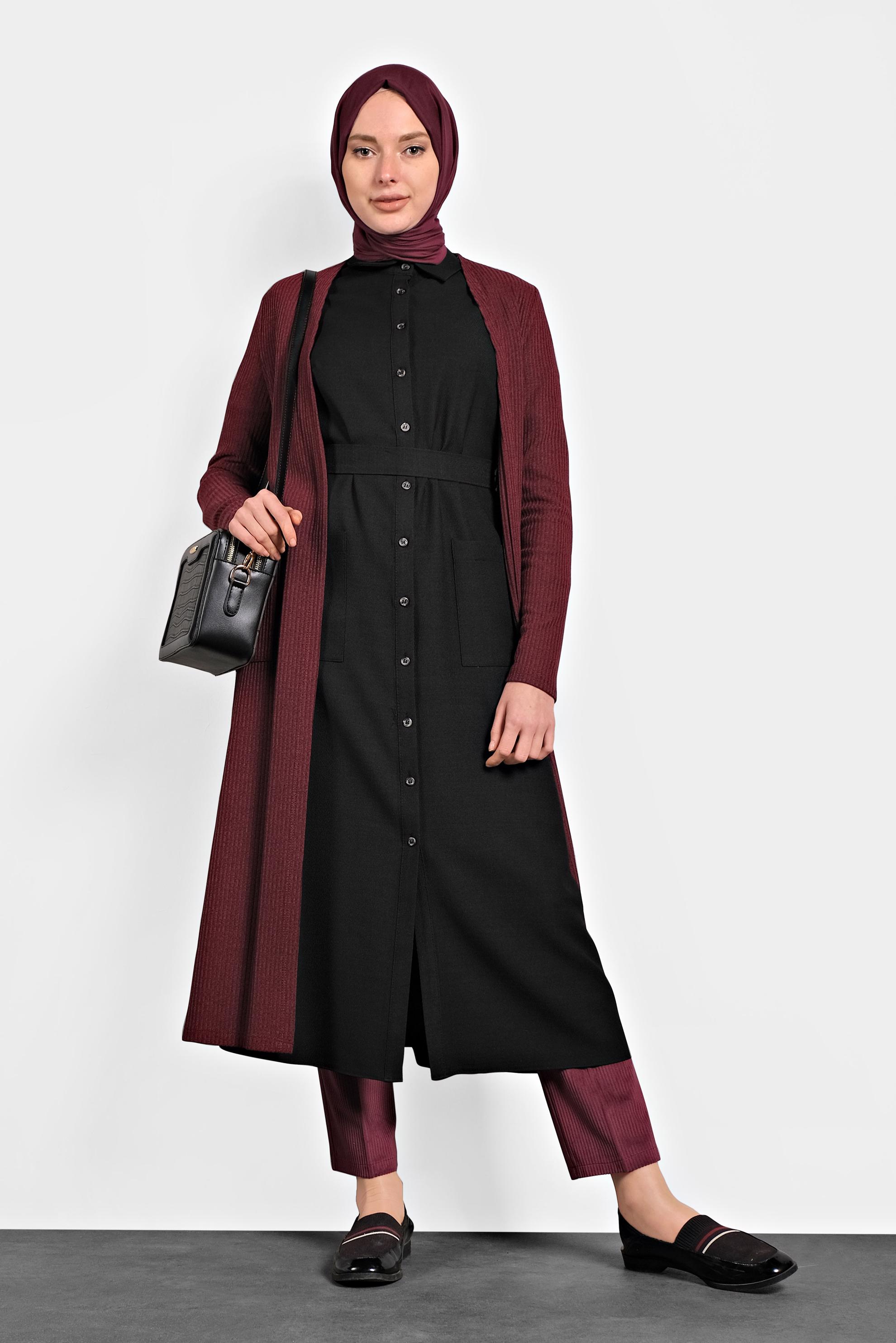 Tesettür giyim BORDO CEPLİ TRİKO HIRKA 40354
