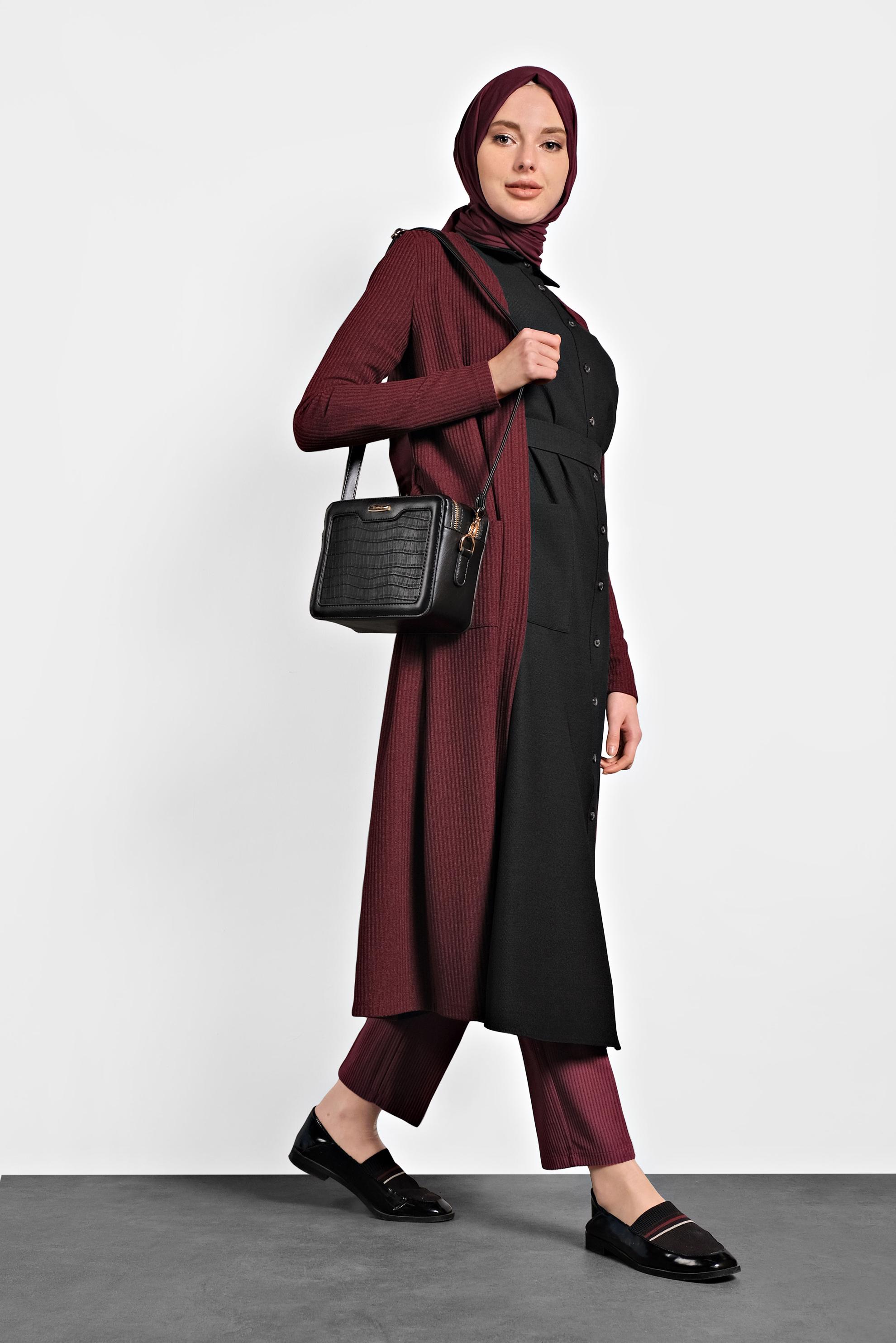 Tesettür giyim BORDO CEPLİ TRİKO HIRKA 40354