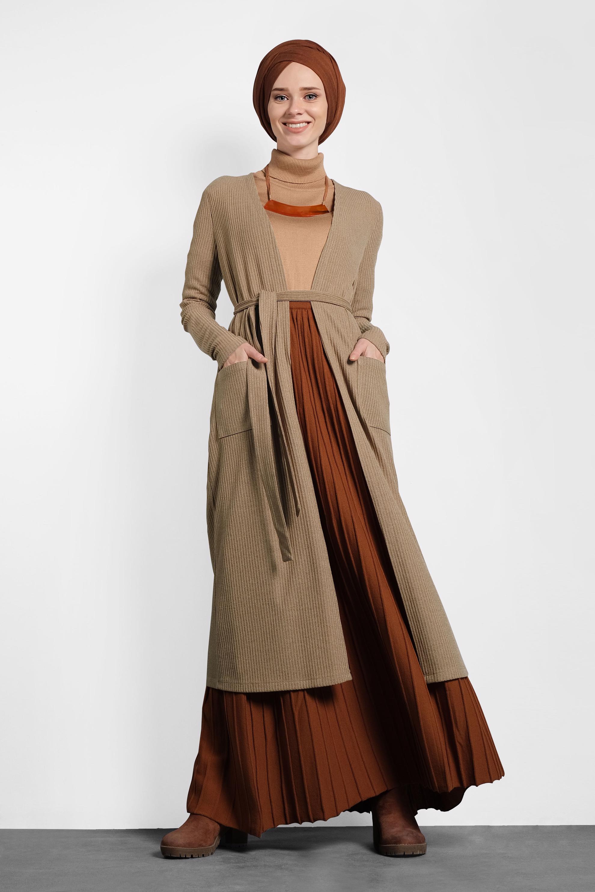 Tesettür giyim KAHVE CEPLİ TRİKO HIRKA 40354