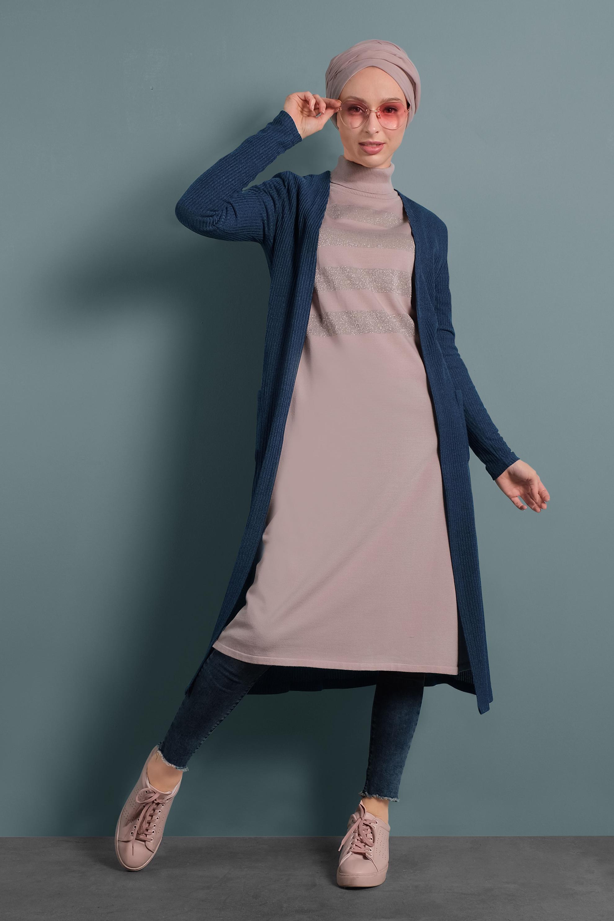 Tesettür giyim LACİVERT CEPLİ TRİKO HIRKA 40354