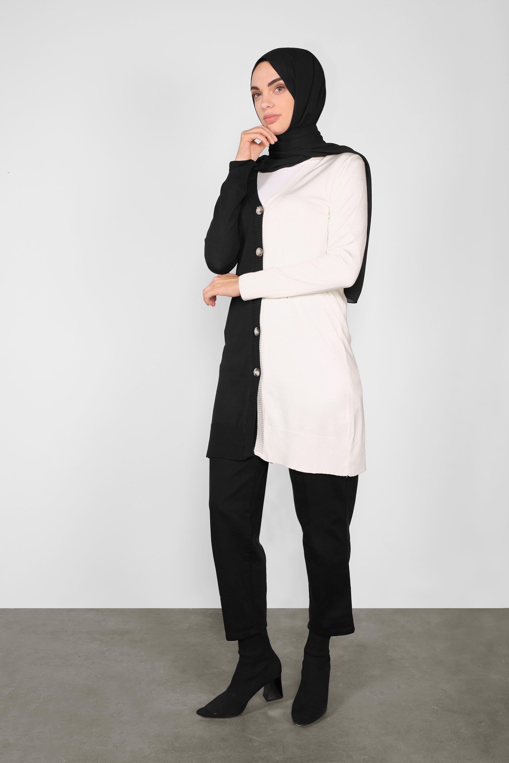 Tesettür giyim SİYAH İKİ RENK TRİKO HIRKA 41041 