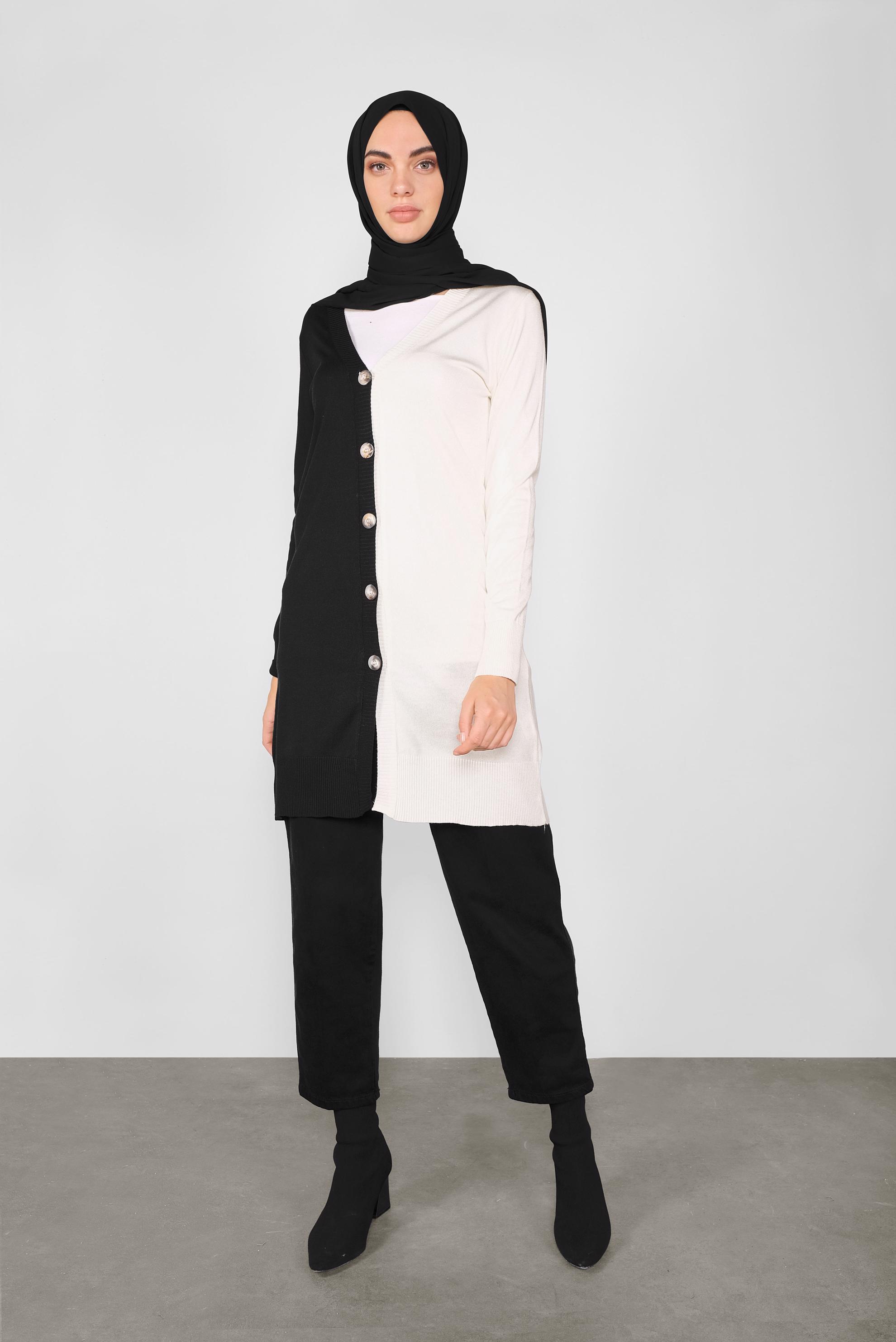 Tesettür giyim SİYAH İKİ RENK TRİKO HIRKA 41041 