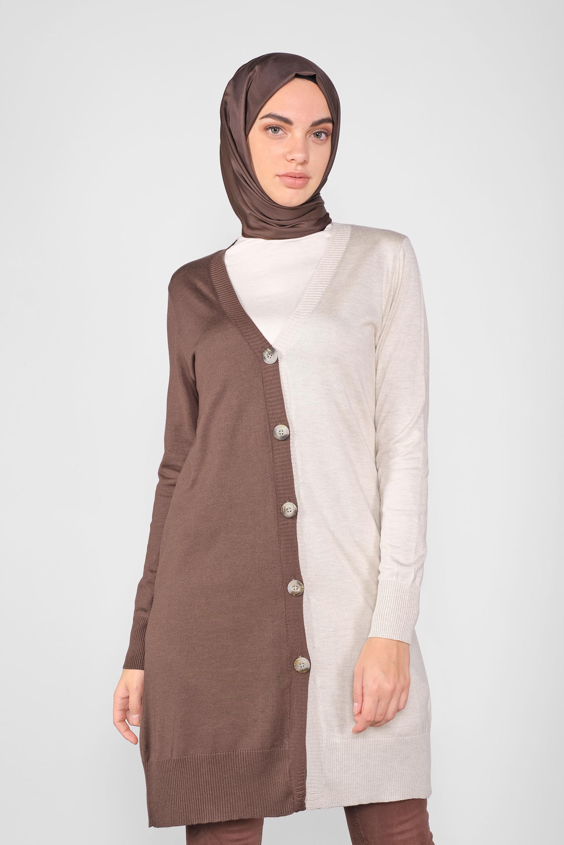 Tesettür giyim KAHVE İKİ RENK TRİKO HIRKA 41041 