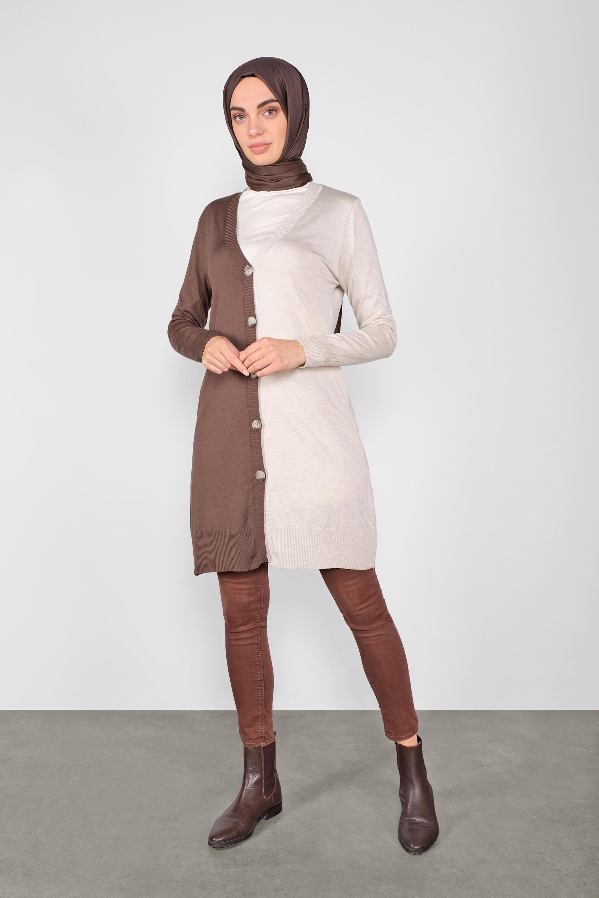 Tesettür giyim KAHVE İKİ RENK TRİKO HIRKA 41041 