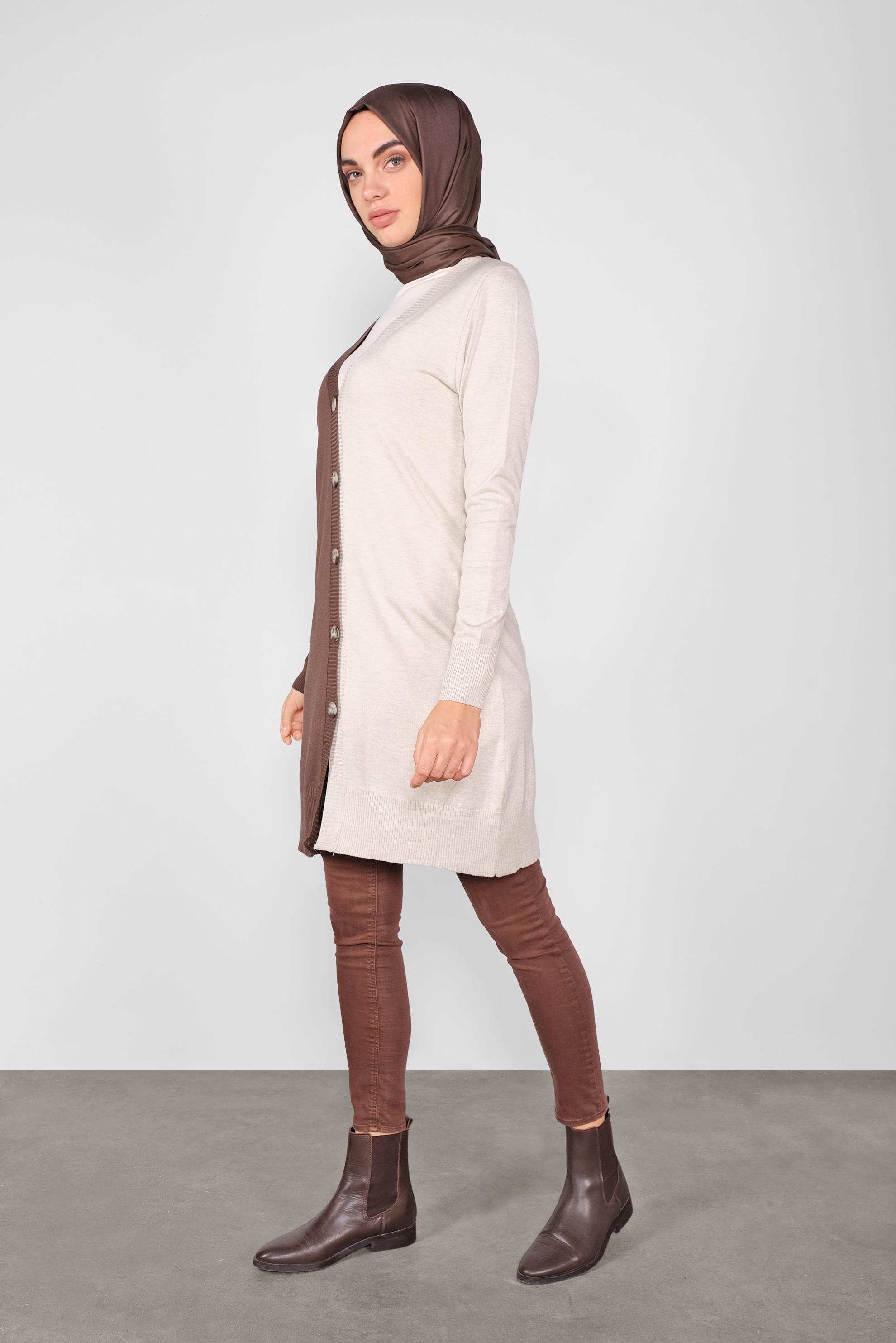 Tesettür giyim KAHVE İKİ RENK TRİKO HIRKA 41041 