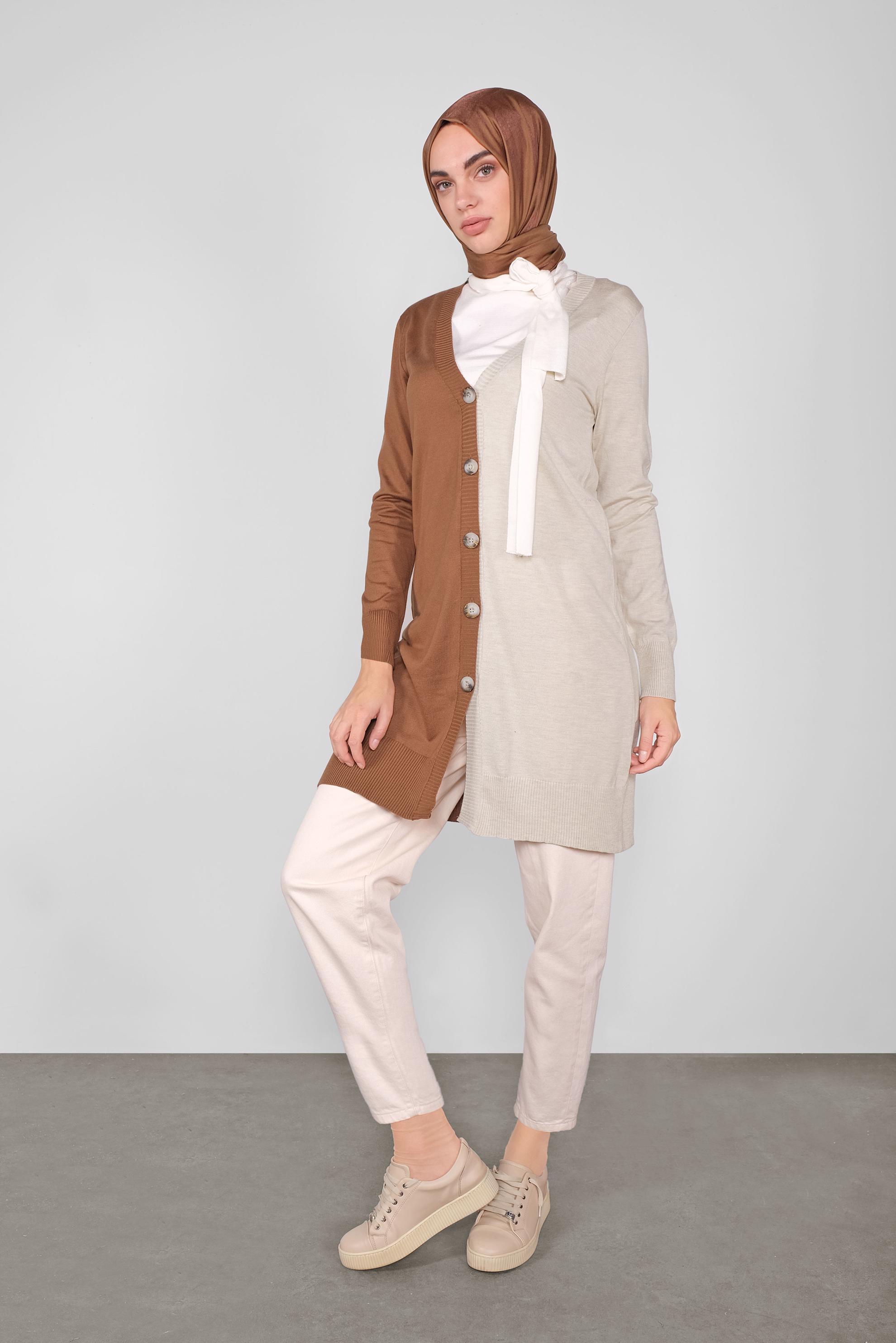 Tesettür giyim TABA İKİ RENK TRİKO HIRKA 41041 